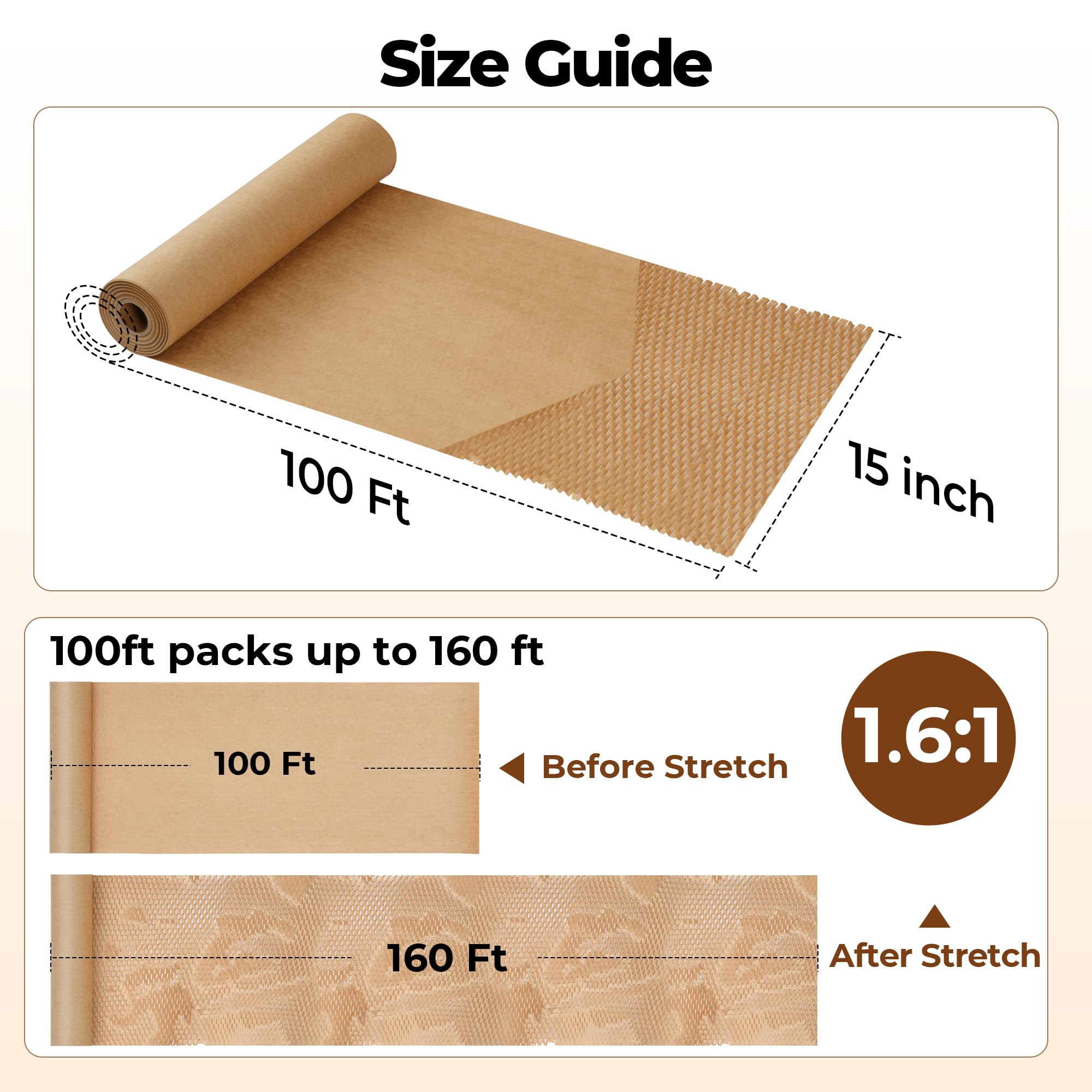 Tera Honeycomb Packing Paper Eco-friendly: 15"x100' Recyclable Cushioning Wrap for packaging Moving Supplies Shipping Boxes Gift Wrapping Paper Alternative to Bubble Wrap with 20 Fragile Sticker