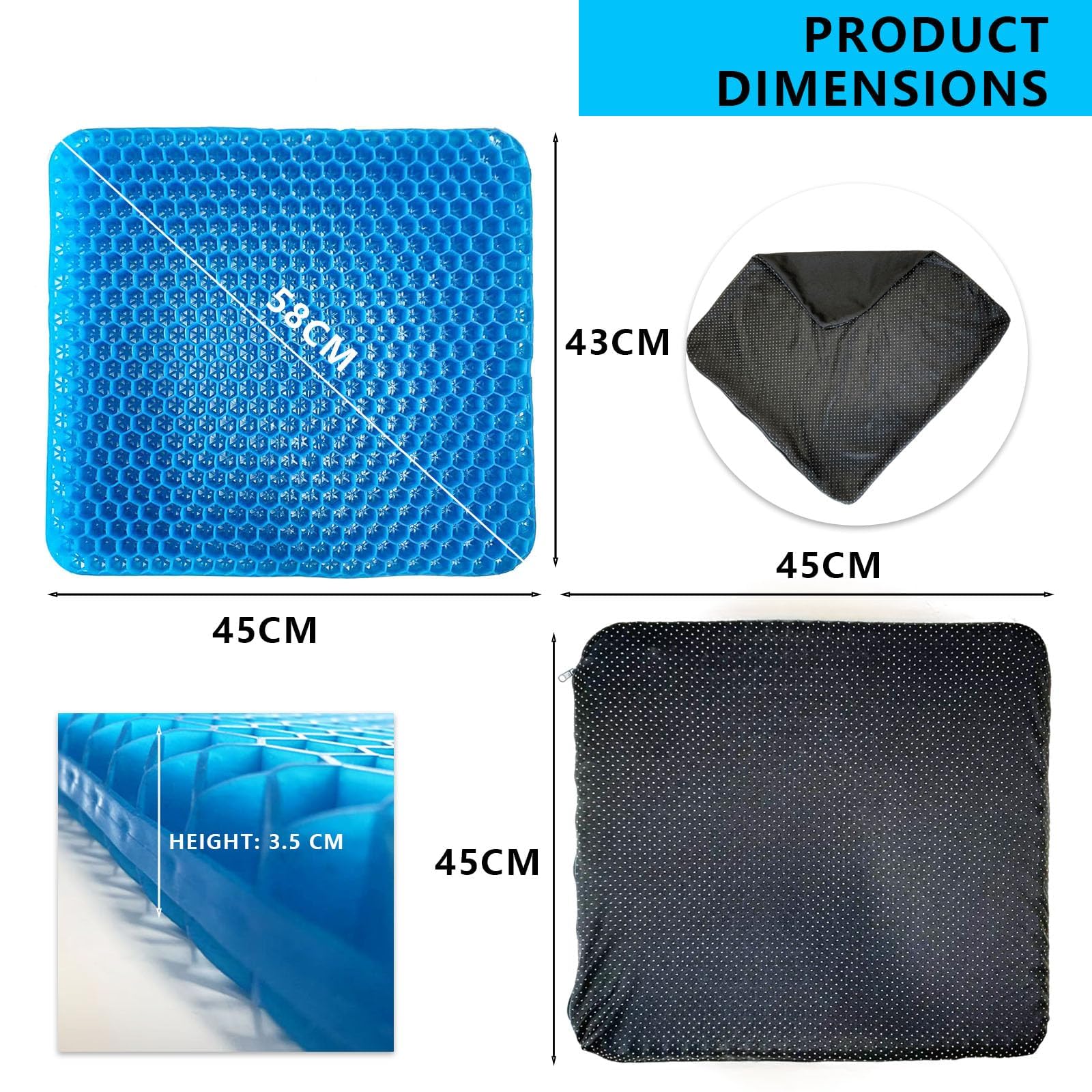 Gel Seat Cushion for Office Chair, 43 x 45 cm Double Layer Honeycomb Cooling Pad with 2 Washable Non Slip Covers, Pressure Relief Seat Cushion for Long Sitting, Car, Home and Wheelchair