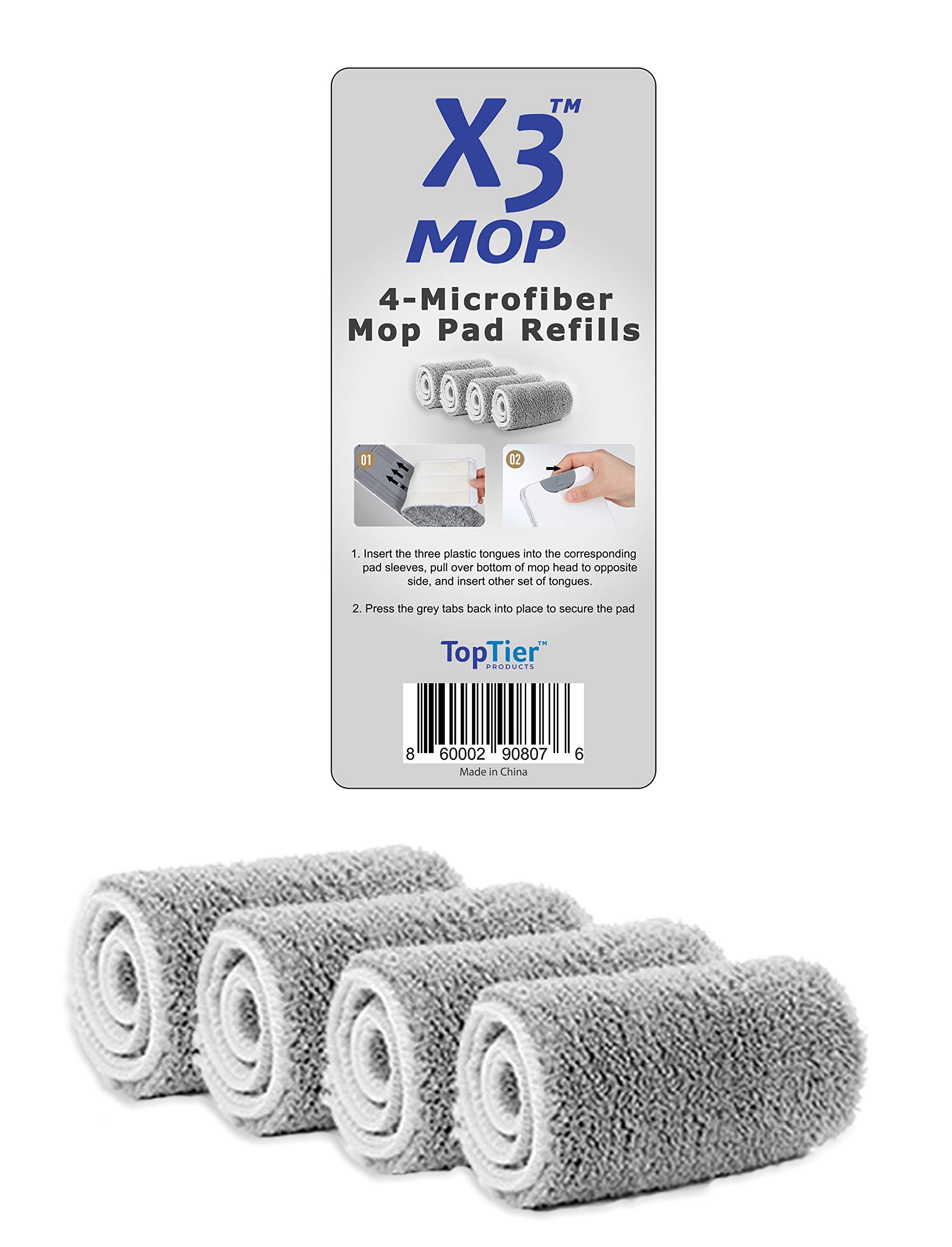 X3 Mop Replacement Microfiber Cleaning Pads, 4 Pack of Reusable Flat Mop Heads (Pads fit Original X3 Mop ONLY)