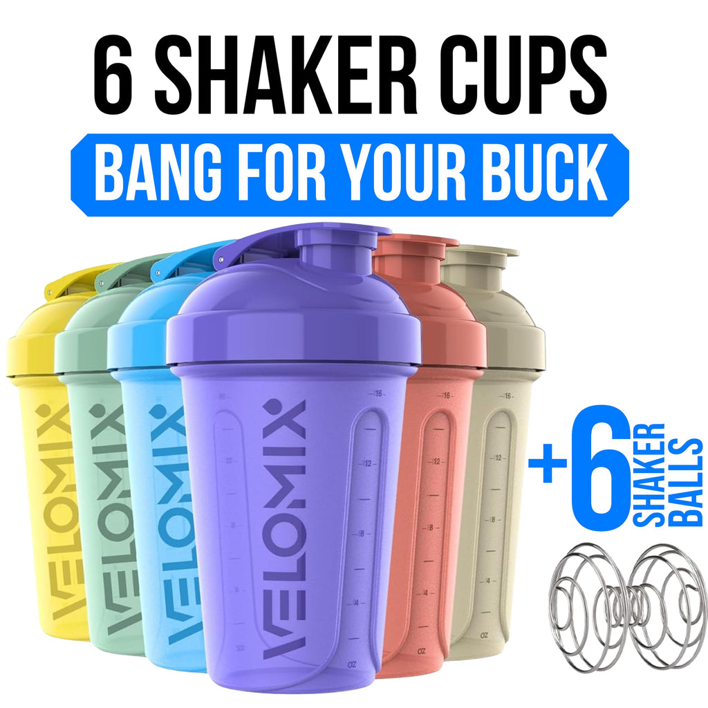 VELOMIX -6 PACK- 20 OZ Protein Shaker Bottles for Protein Mixes, Shaker Cups for Protein Shakes, Small Shaker Bottle Pack, Shaker Cup, Shaker Bottle Cups, Shakers for Protein Shakes