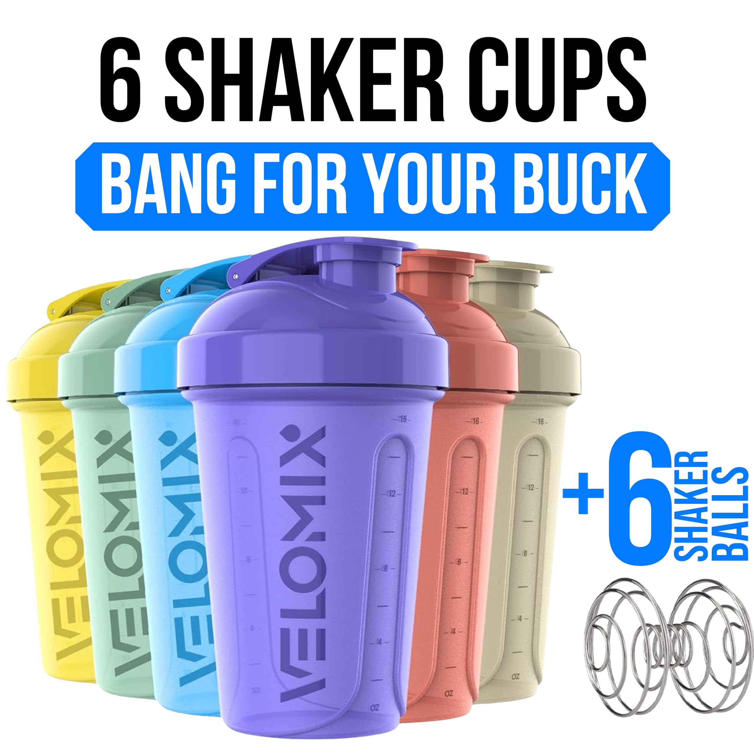 VELOMIX -6 PACK- 20 OZ Protein Shaker Bottles for Protein Mixes, Shaker Cups for Protein Shakes, Small Shaker Bottle Pack, Shaker Cup, Shaker Bottle Cups, Shakers for Protein Shakes