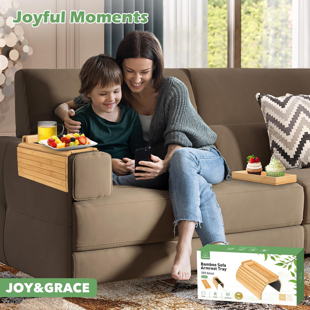 Joy&Grace Couch Arm Tray, 3-in-1 Magnetic Detachable Sofa Arm Table with Phone and Tablet Holder Bamboo Couch Cup Holder, Foldable Sofa Armrest Tray for Eating, Drinks, Phones (Natural)