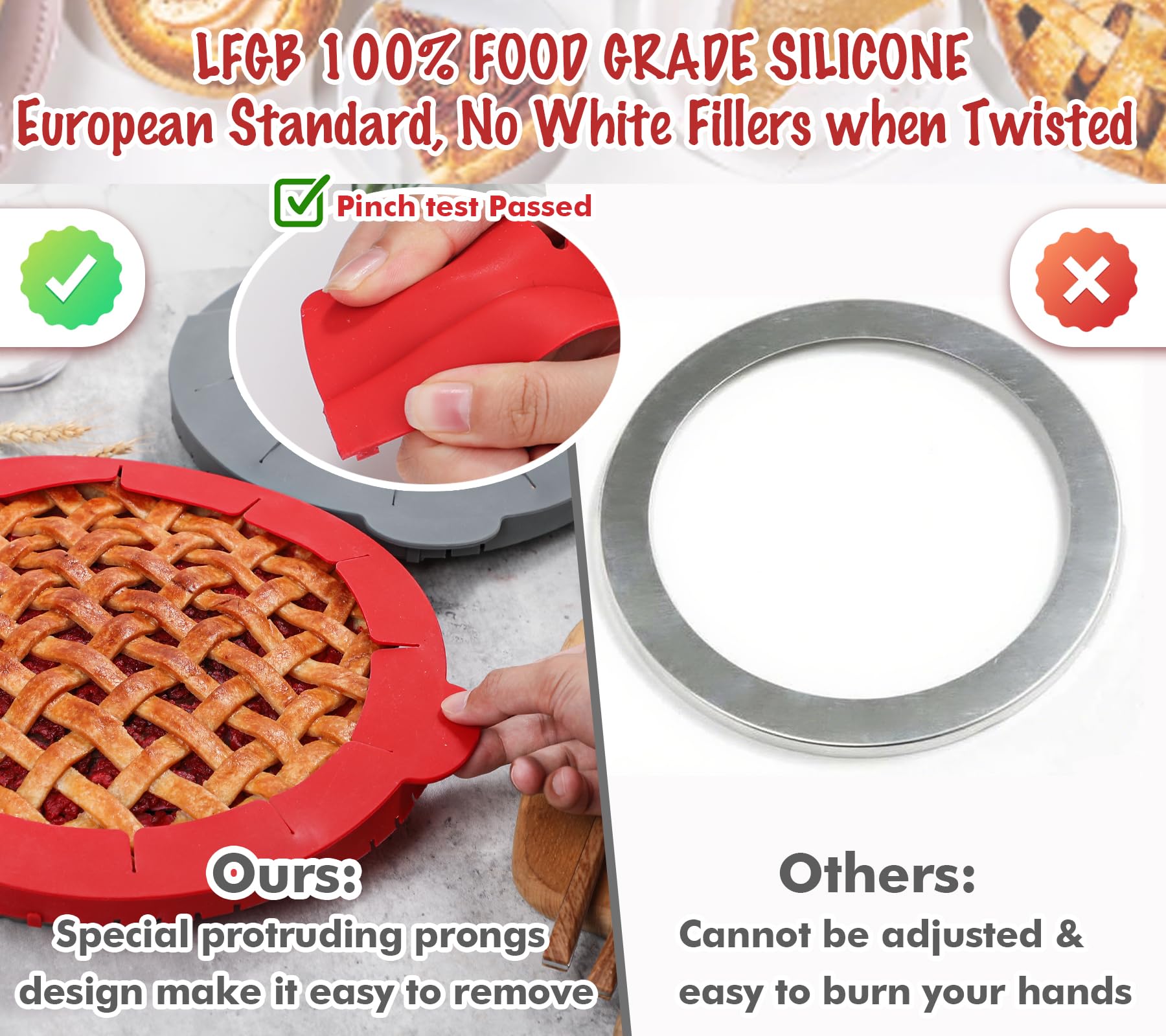 Webake Pie Crust Protector Shield Adjustable Pie Crust Shield Fits 11.5-9 Inch Pie Pan, European Food Grade Silicone Pinch Test Passed, Pack of 2, Red and Grey