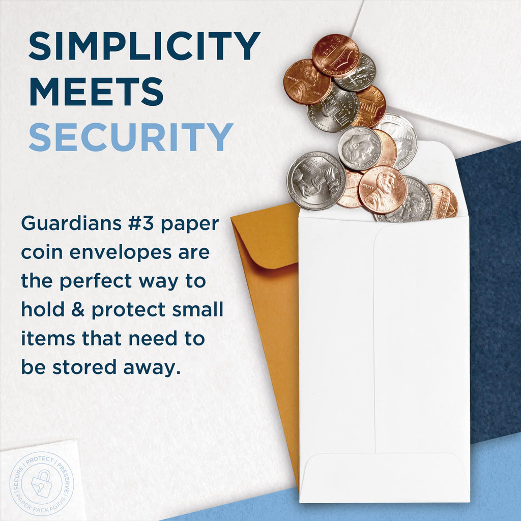 500 Guardian #3 Paper Coin Envelopes - Blank Small Envelopes for Coins, Receipts, Stamps, Small Parts Storage, & More – 2-1/2” x 4-1/4” Cash Envelopes – Gummed Flap Gift Card Holder Envelope