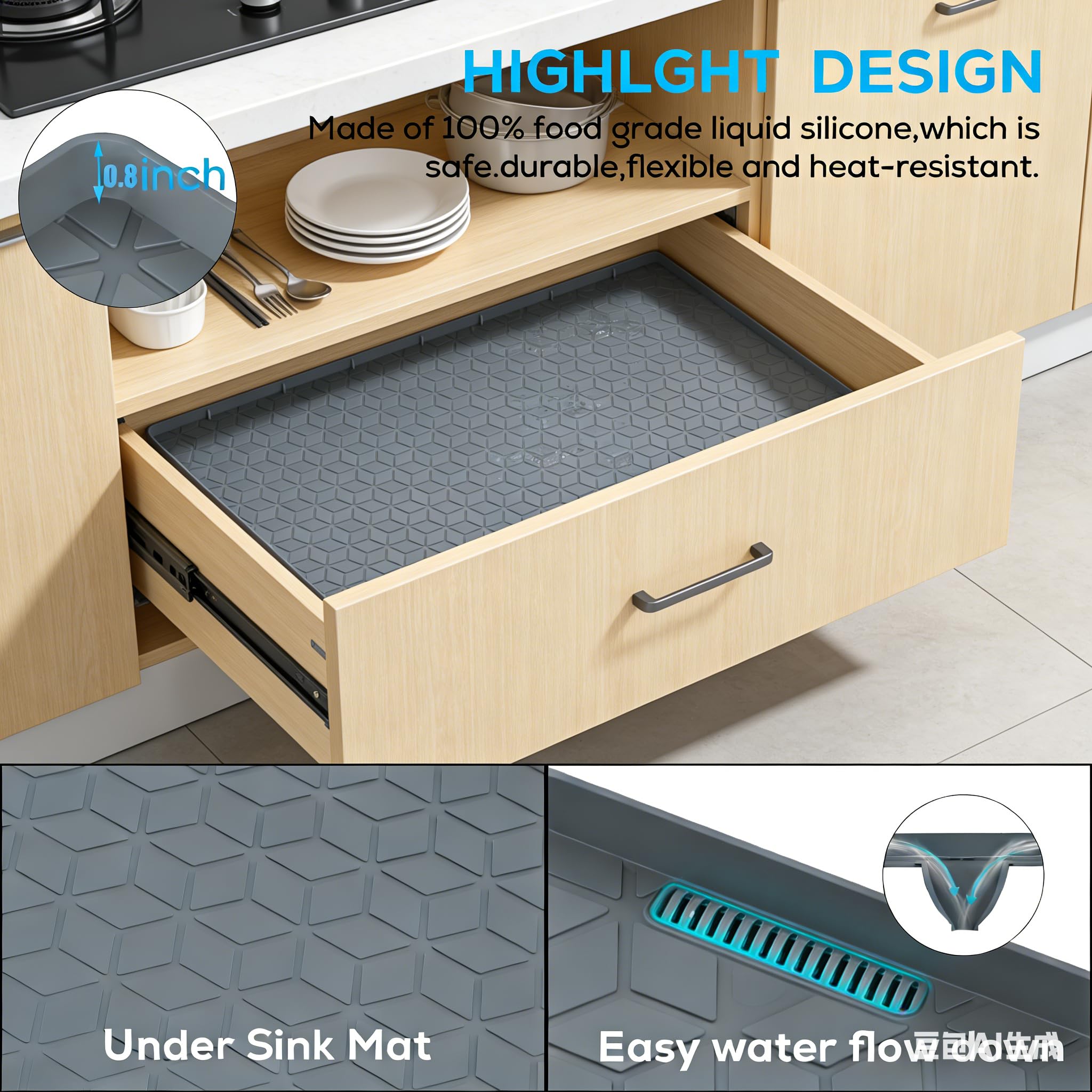 Under Sink Mats 14"x22" for Kitchen, Silicone Waterproof Liner, Sink Silicone Tray with Drain Hole, Storage and Organizers, Cabinet and Counter Protector,Litter Mat, Pet Cat Puppy Essentials