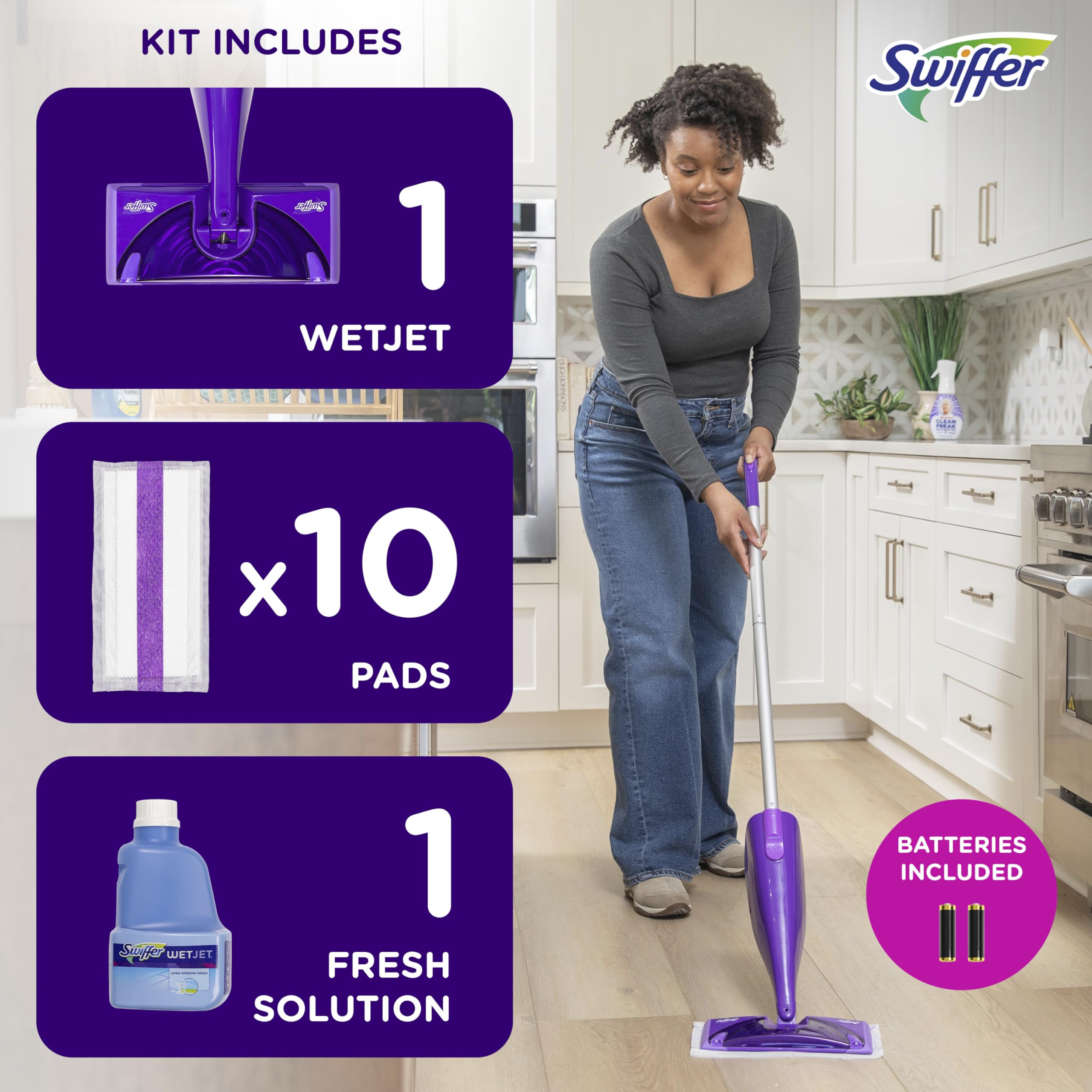 Swiffer WetJet Spray Mop Kit : Includes 1 Floor Mop, 1 Bottle of Floor Cleaner Solution, 10 WetJet Refill Pads, 2 Batteries