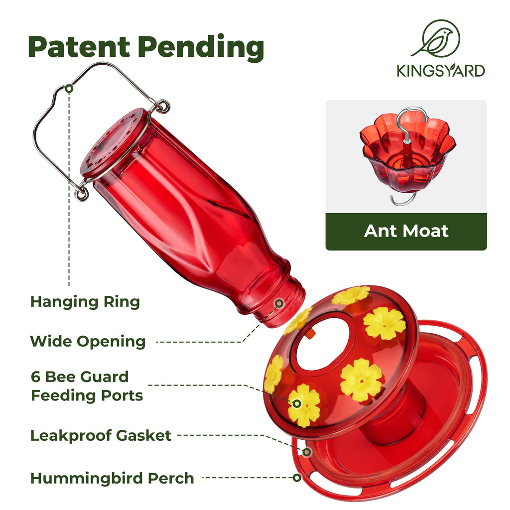 Kingsyard Glass Hummingbird Feeder 6 Feeding Ports, Hanging Bird Nectar Feeder 16 Ounces, Rustproof, Leakproof, Garden Backyard Decor, Ant Moat Included, Deep Red