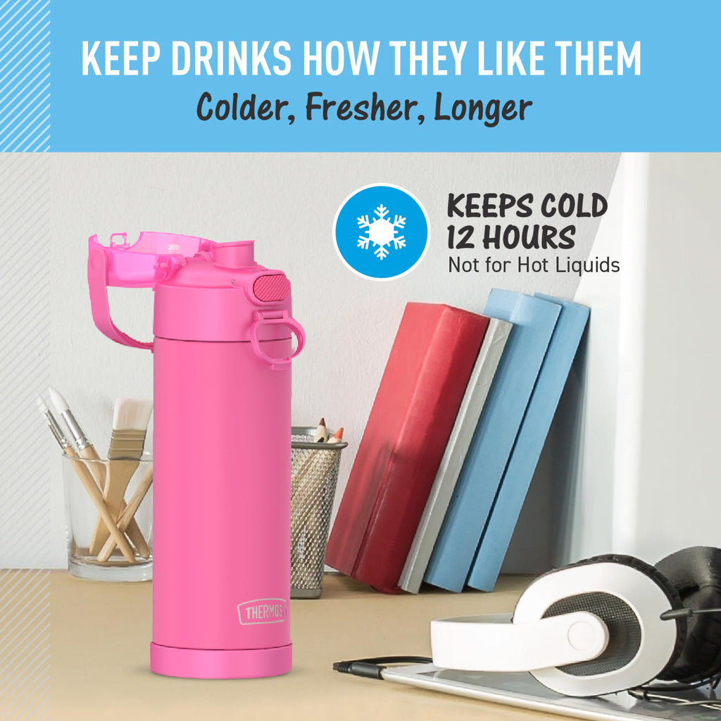 THERMOS FUNTAINER 16 Ounce Stainless Steel Vacuum Insulated Bottle with Spout and Locking Lid, Neon Pink