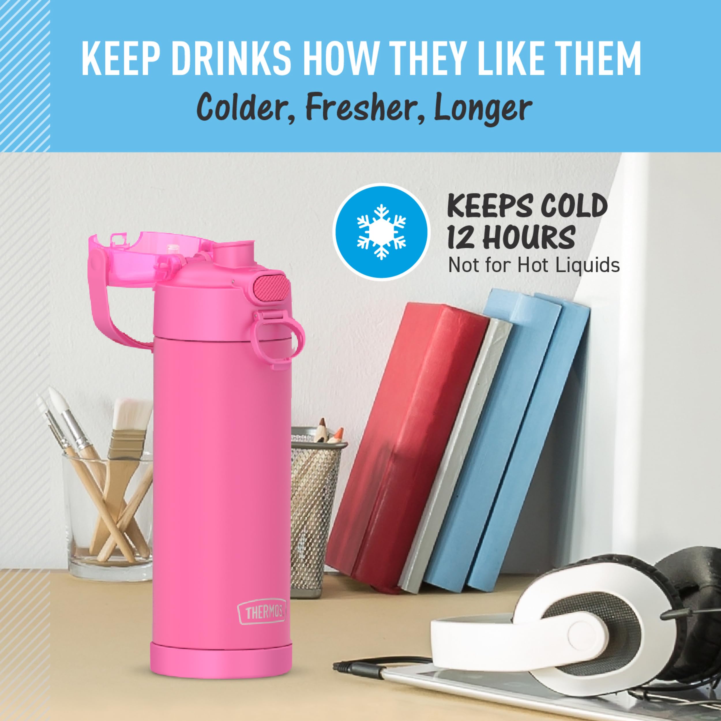 THERMOS FUNTAINER 16 Ounce Stainless Steel Vacuum Insulated Bottle with Spout and Locking Lid, Neon Pink