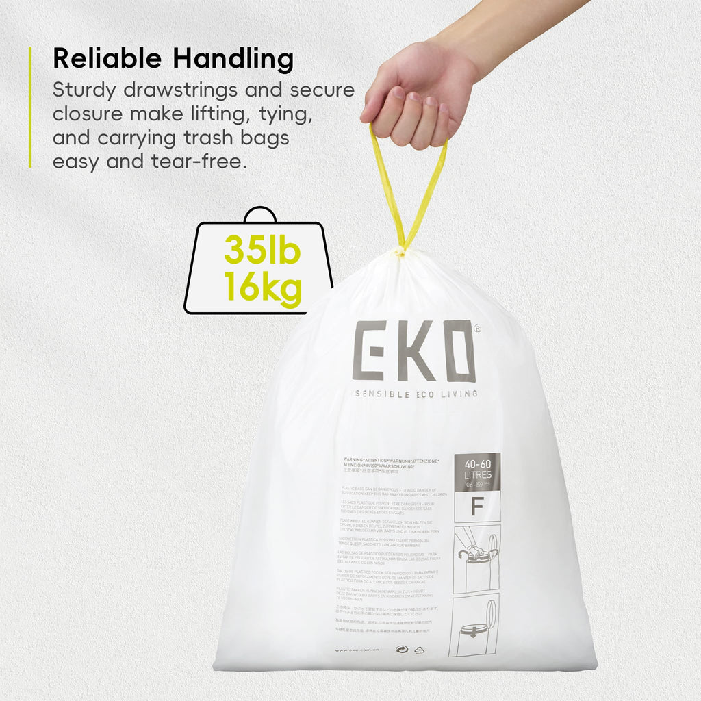 EKO 13 Gallon / 40-60 Liter Drawstring Trash Bags, Extra-Strong Unscented Garbage Bags, 60 Count Easy-Dispense Roll for Kitchen & Household Use, Leak-Resistant, Code F, White