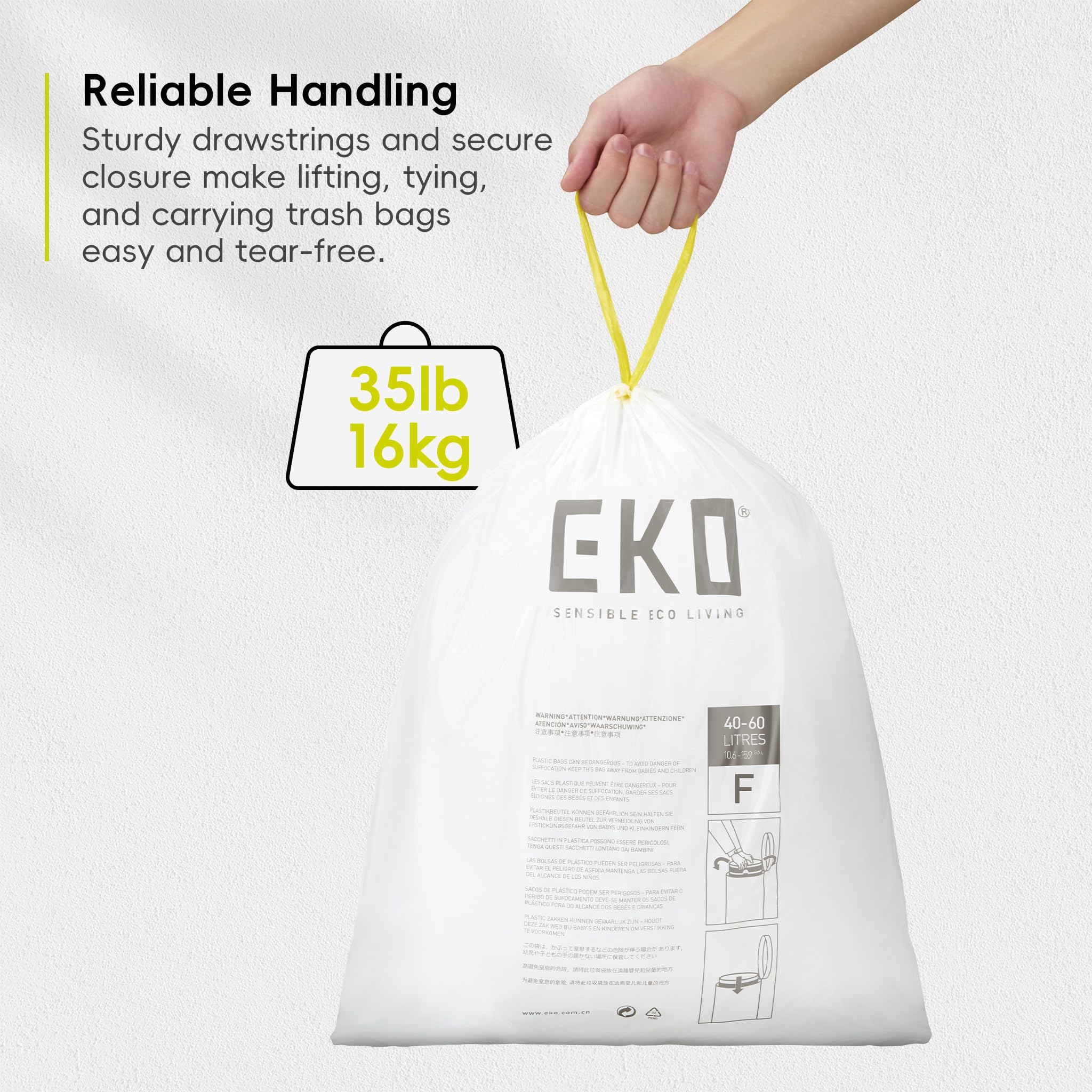 EKO 13 Gallon / 40-60 Liter Drawstring Trash Bags, Extra-Strong Unscented Garbage Bags, 60 Count Easy-Dispense Roll for Kitchen & Household Use, Leak-Resistant, Code F, White