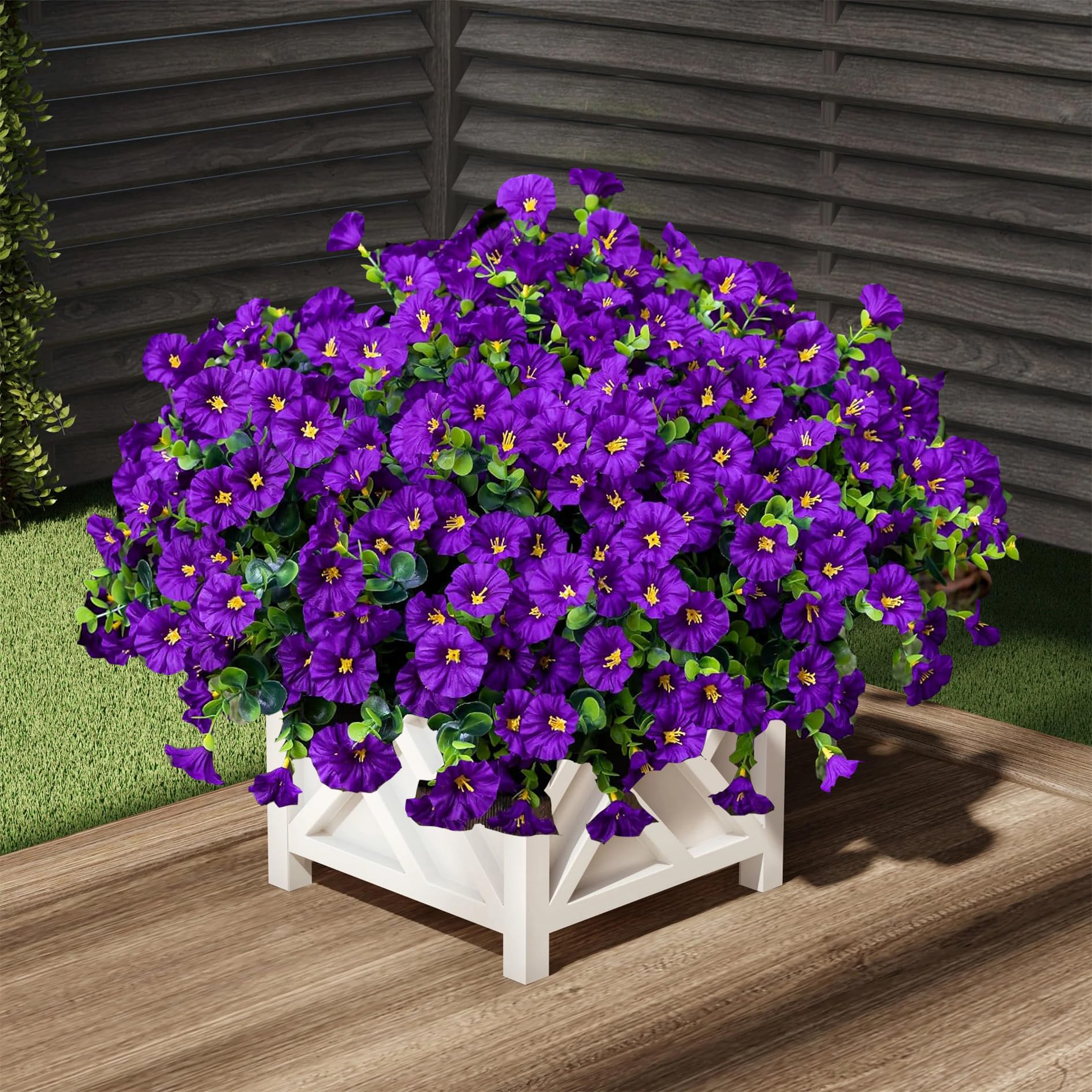Artificial Flowers for Outdoors16 Bundles of UV-Resistant Silk Morning Glory with Eucalyptus-Realistic Faux Plants as Perfect Filler for Home Planter Porch & Garden Decor (Purple)