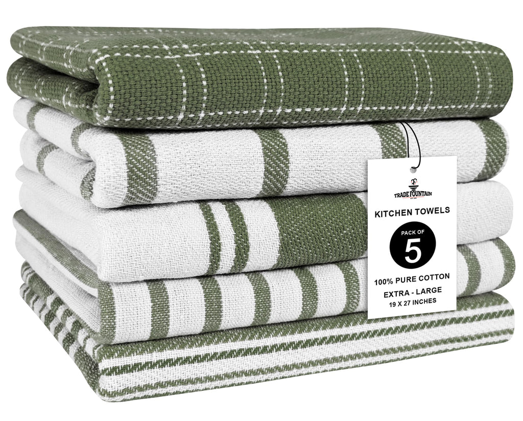 Trade Fountain Kitchen Towels - Pack of 5 Dish Towels for Kitchen Accessories - 19 x 27 INCHES Extra Large Highly Absorbent Dish Cloth - Reusable Hand Towels - 100% Pure Cotton Fabric (Olive)