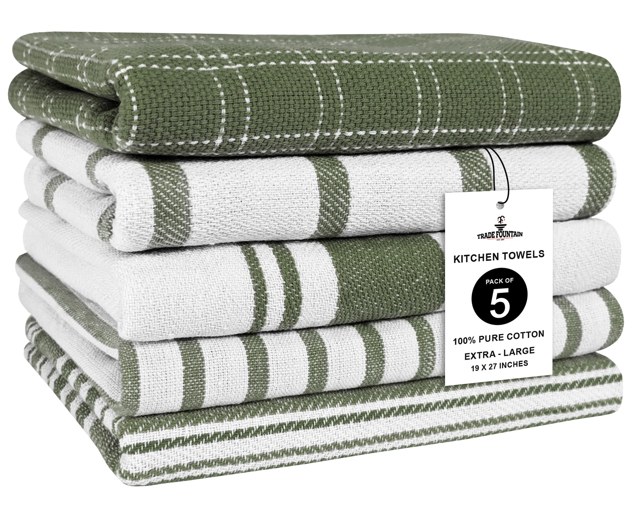 Trade Fountain Kitchen Towels - Pack of 5 Dish Towels for Kitchen Accessories - 19 x 27 INCHES Extra Large Highly Absorbent Dish Cloth - Reusable Hand Towels - 100% Pure Cotton Fabric (Olive)