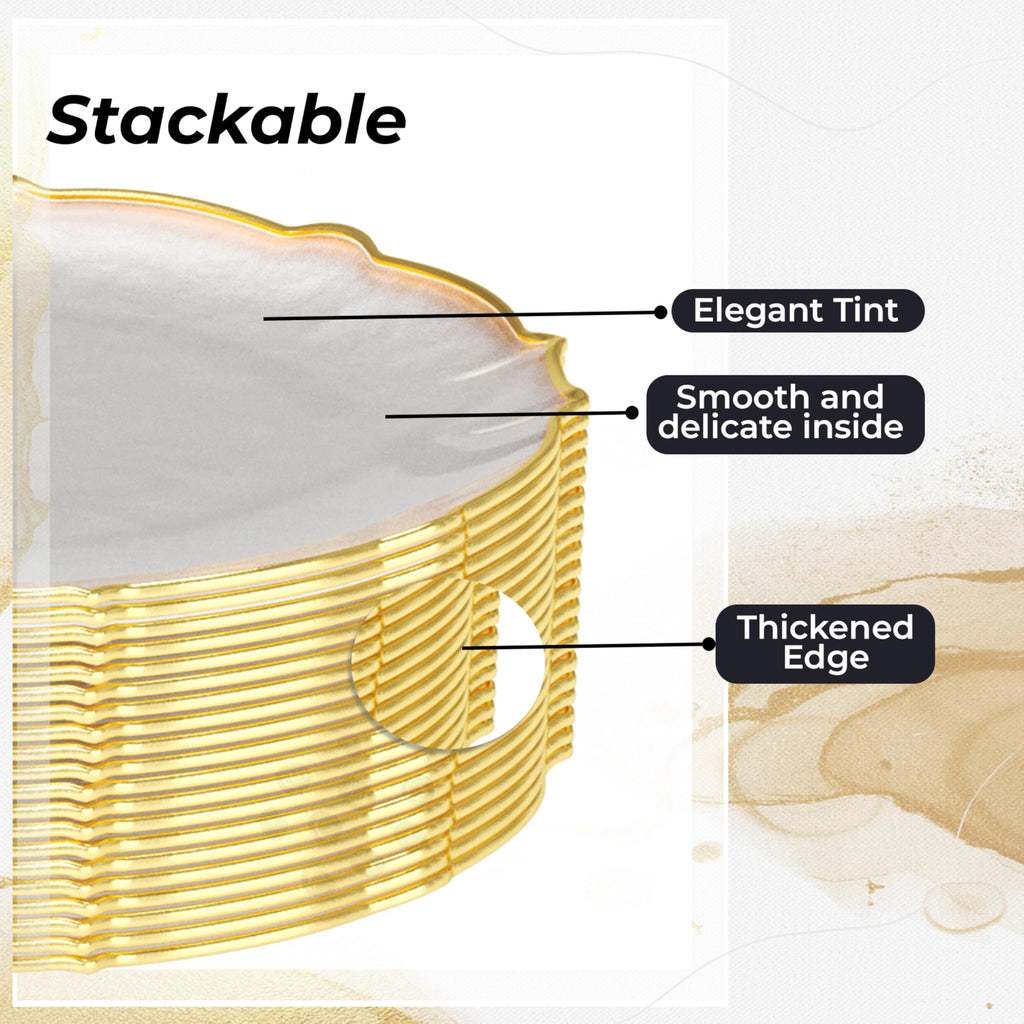Exquisite Elegant 40 pcs Dinner Plates - 7.5 inch Gold Rimmed Plastic Dessert Plates - Fancy, Clear, Disposable for Parties