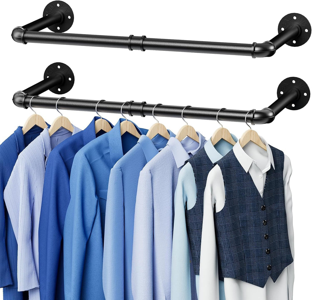 Wall Mounted Clothes Rack 38.4 Inch, Industrial Pipe Clothing Rack, Black Wall Clothing Rack, Multi-Purpose Clothing Hanging Rod for Laundry Room (2 Pack)