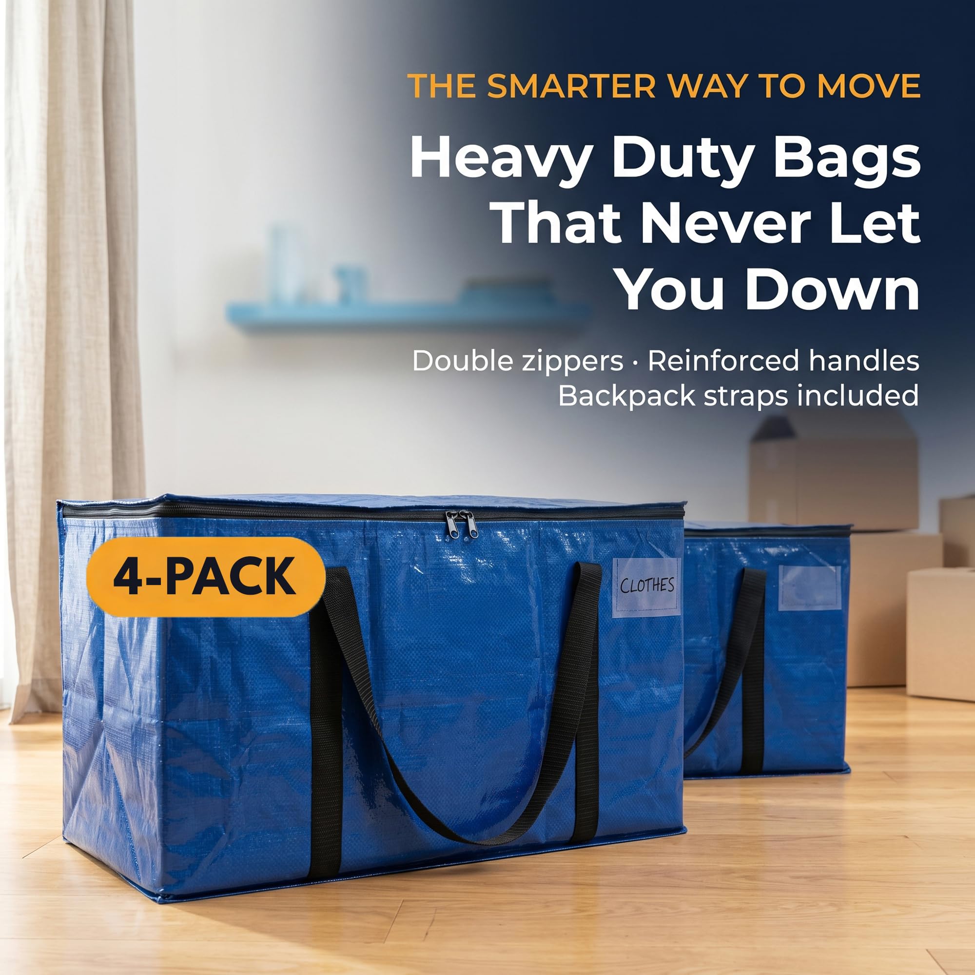 ClearSpace Heavy Duty Storage Bag - Large Moving Boxes with Backpack Straps, Zippers & Handles - Perfect for Traveling, Camping, Christmas Decorations, 4 Pack