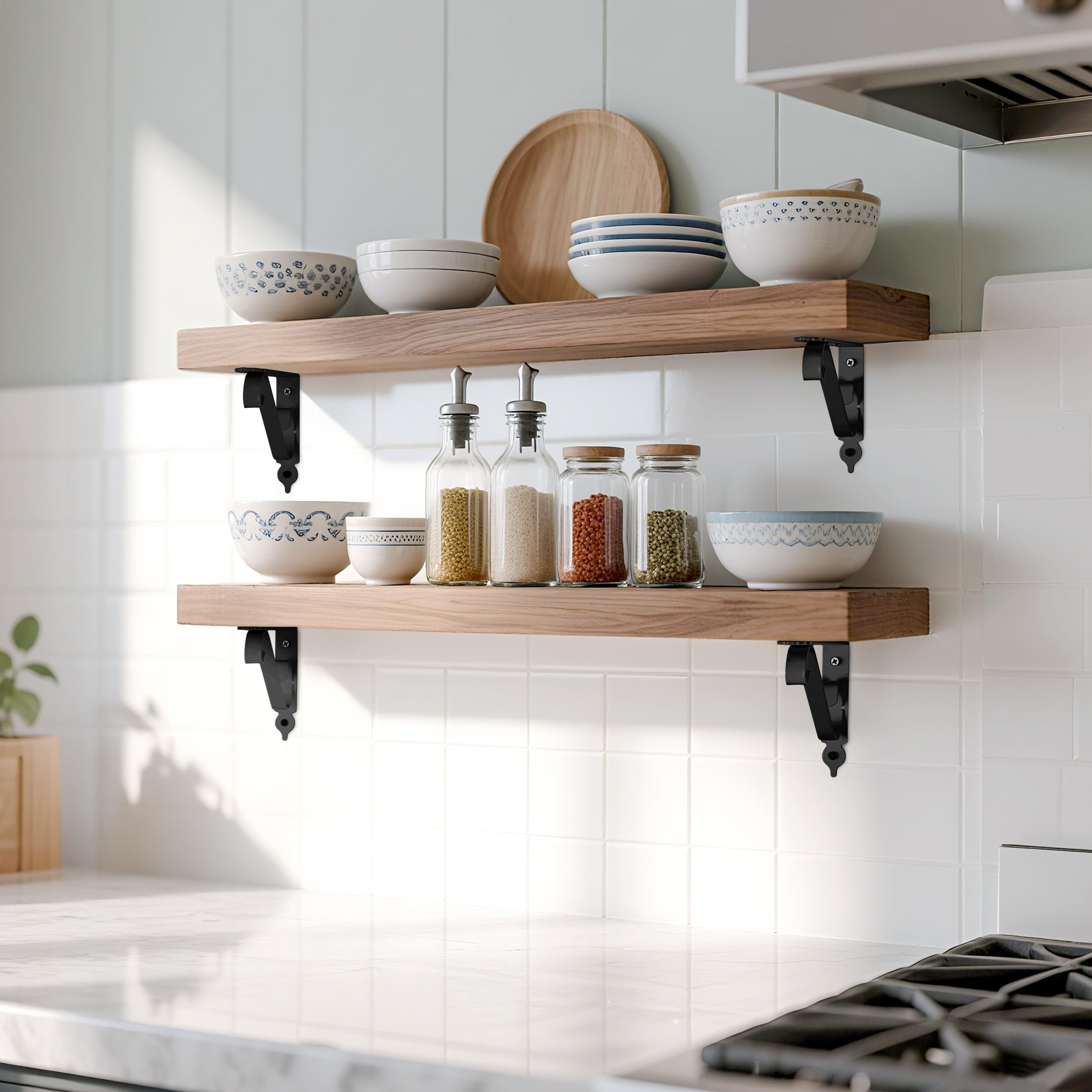 OVOV 4 Pack Decorative Shelf Brackets 6 inch Black L Brackets for Shelves Wall Mounted Heavy Duty Metal Corner Brace Shelving Support with Screws