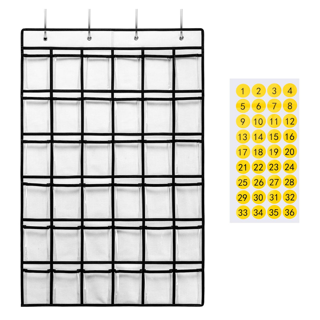 SAVERHO Classroom Pocket Chart for Cell Phones,36 Clear Pocket Chart for Calculator Holder with 36 Number Sticker (White)
