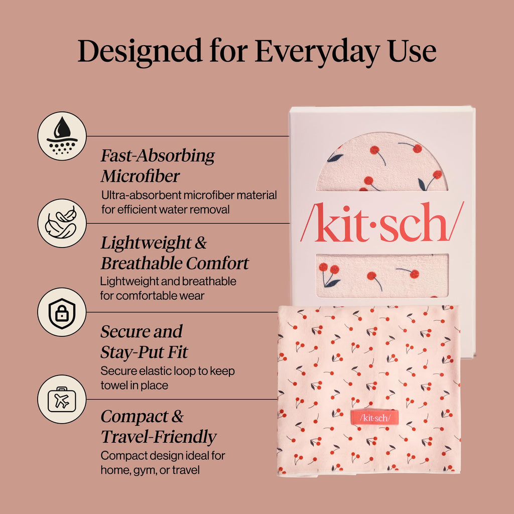 Kitsch XL Microfiber Hair Towel Wrap for Women - Microfiber Towel, Super Absorbent, Quick Dry, Anti-Frizz - for Long and Short Hairs, Turbans for Women, Wet and Curly Hair Wrap - Cherry Print