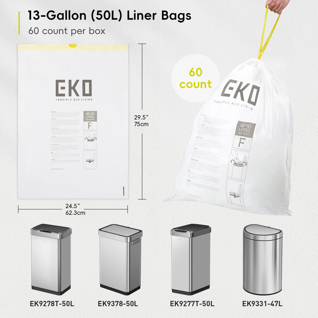EKO 13 Gallon / 40-60 Liter Drawstring Trash Bags, Extra-Strong Unscented Garbage Bags, 60 Count Easy-Dispense Roll for Kitchen & Household Use, Leak-Resistant, Code F, White