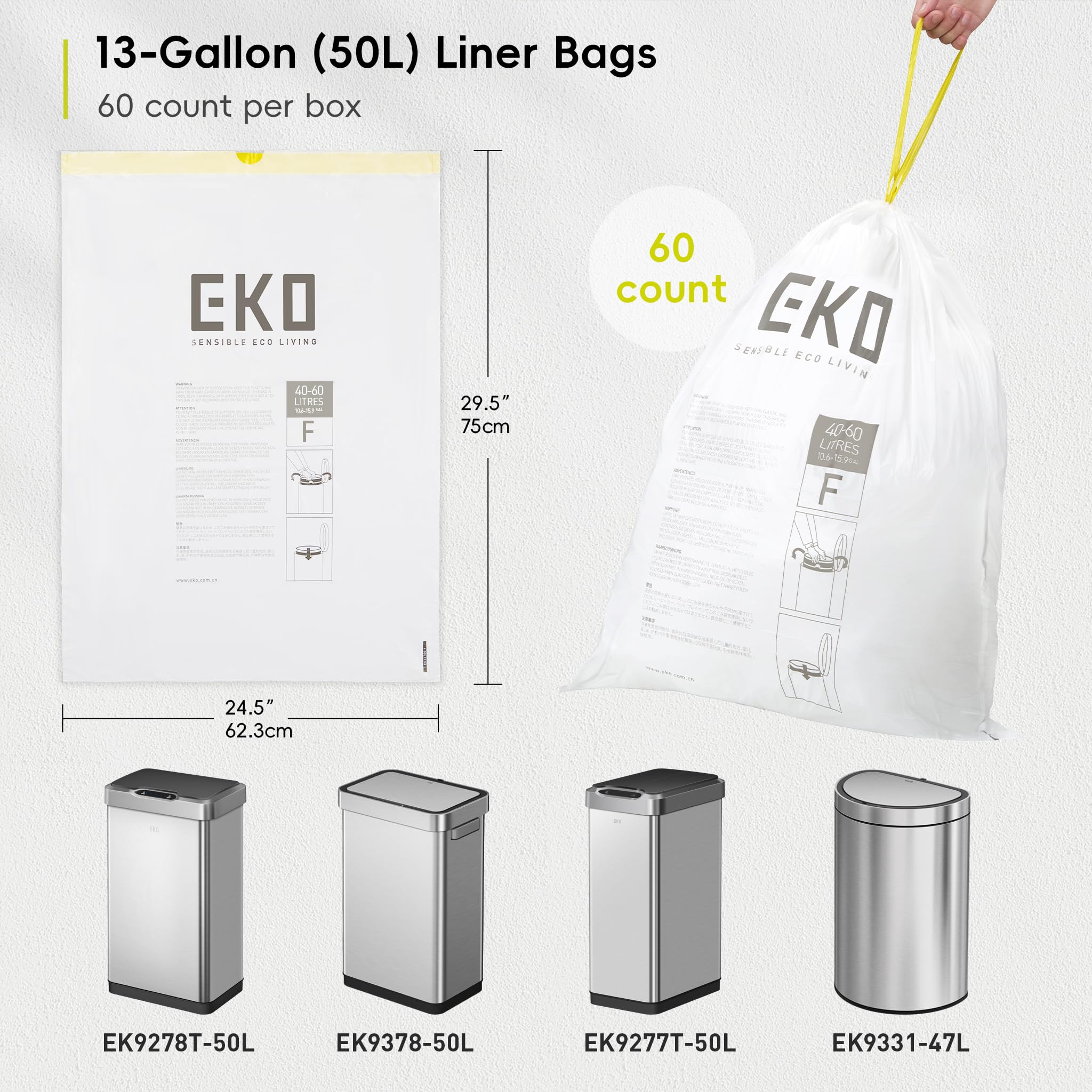 EKO 13 Gallon / 40-60 Liter Drawstring Trash Bags, Extra-Strong Unscented Garbage Bags, 60 Count Easy-Dispense Roll for Kitchen & Household Use, Leak-Resistant, Code F, White
