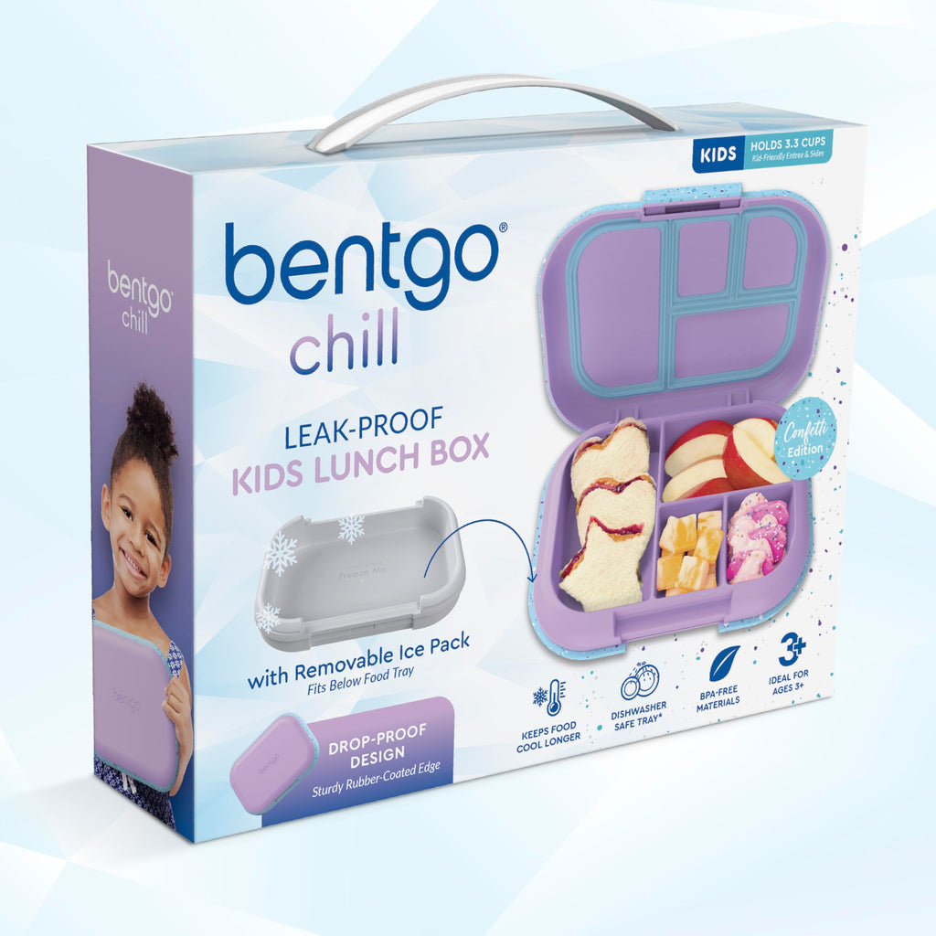 Bentgo® Kids Chill Lunch Box - Confetti Designed Leak-Proof Bento Box & Removable Ice Pack - 4 Compartments, Microwave & Dishwasher Safe, Patented, 2-Year Warranty (Confetti Edition - Vivid Orchid)