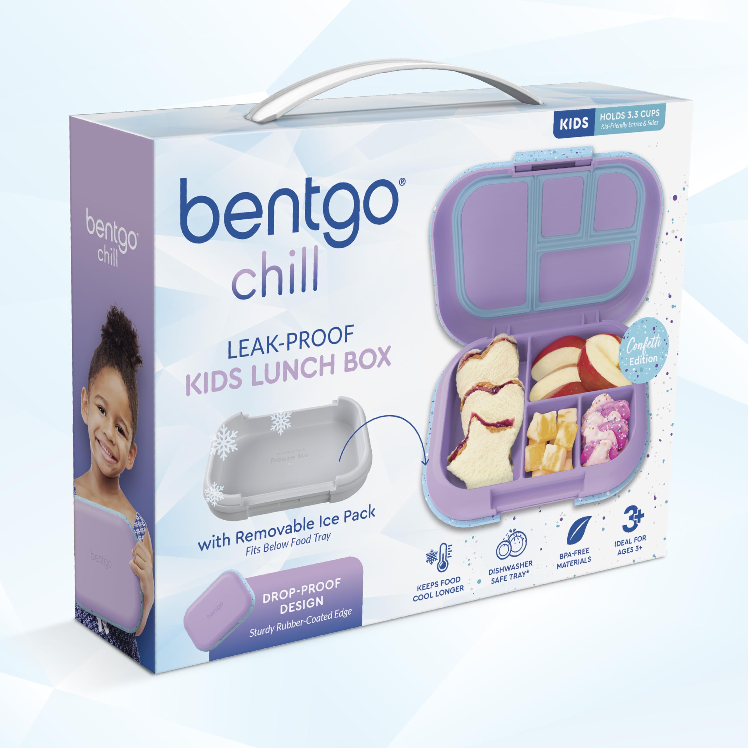 Bentgo® Kids Chill Lunch Box - Confetti Designed Leak-Proof Bento Box & Removable Ice Pack - 4 Compartments, Microwave & Dishwasher Safe, Patented, 2-Year Warranty (Confetti Edition - Vivid Orchid)