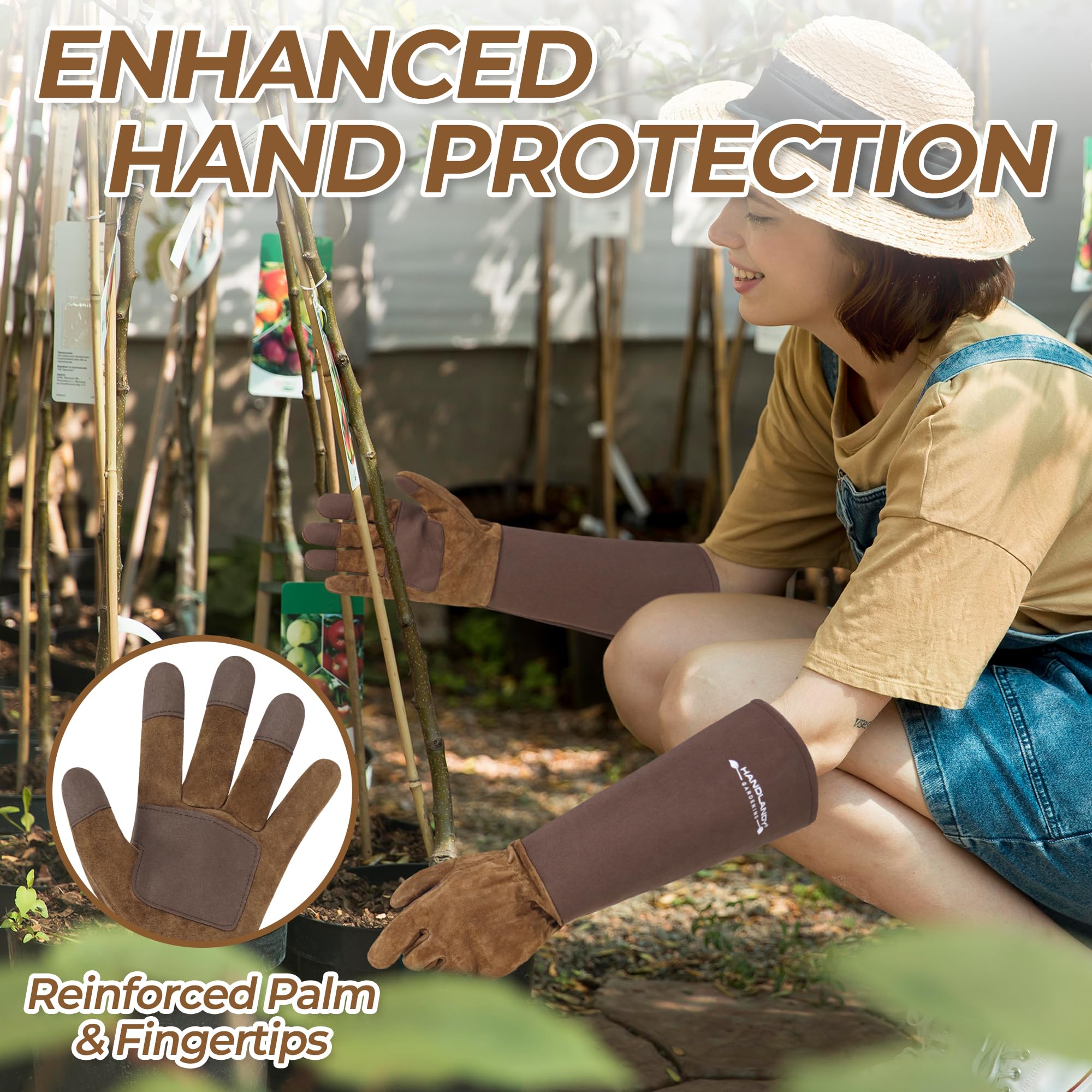 HLDD HANDLANDY Long Gardening Gloves for Women Men - Leather Rose Pruning Gloves Thorn Proof - Breathable Working Glove for Planting, Weeding, Yard Work