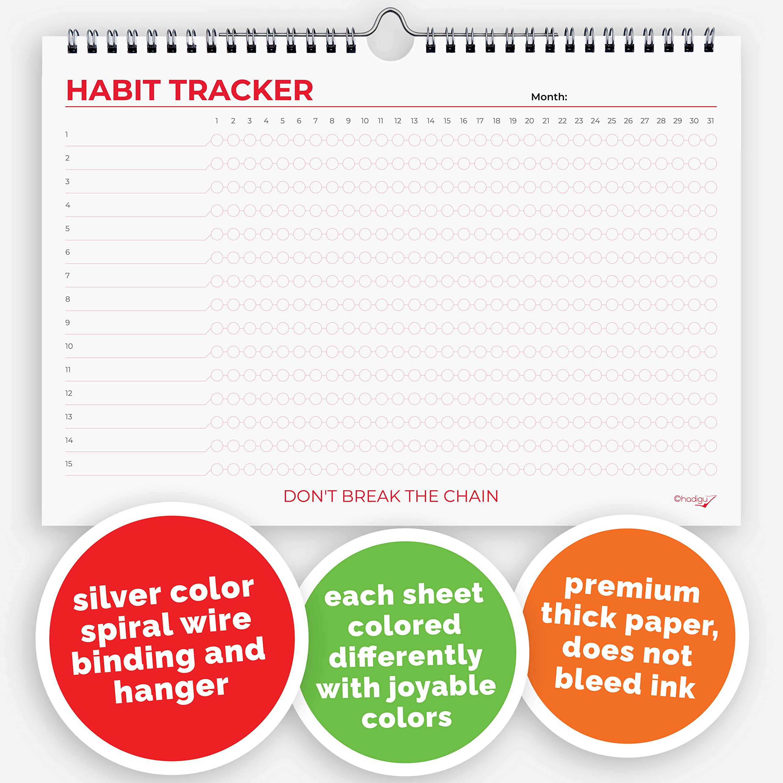 Hadigu Habit Tracker Calendar (Undated 12 Month) Colorful Motivational Design, Spiral Bound and Hanger, A4 Size (8,3"x11.7") Quality Heavy Paper, Monthly Habit Tracker Journal, Goal Tracker, Workout