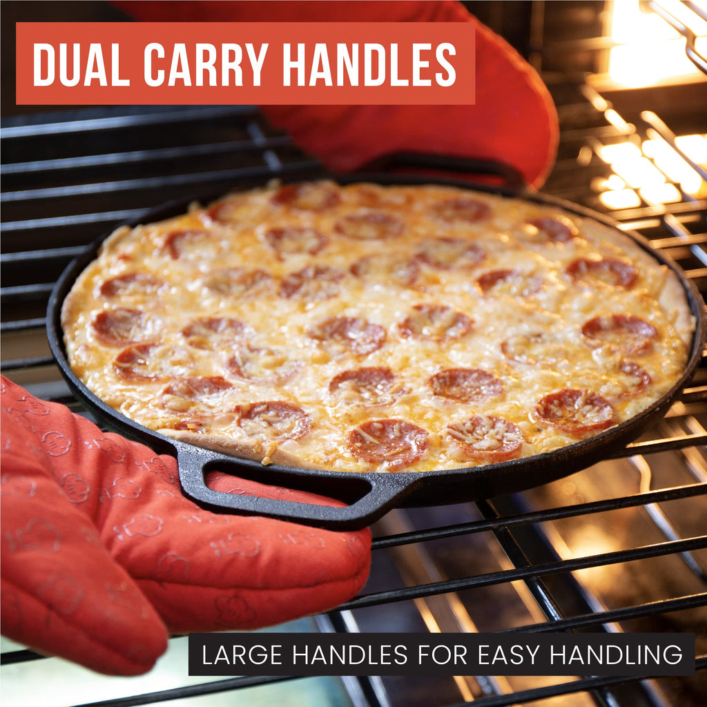 Chef Pomodoro Cast Iron Pizza Pan, Inch Pre-Seasoned Skillet, with Handles, Baking Pan, Round Griddle for Dosa Tawa Roti, Comal for Tortillas, Baking Stove, Oven, Grill BBQ and Campfire (12-inch)