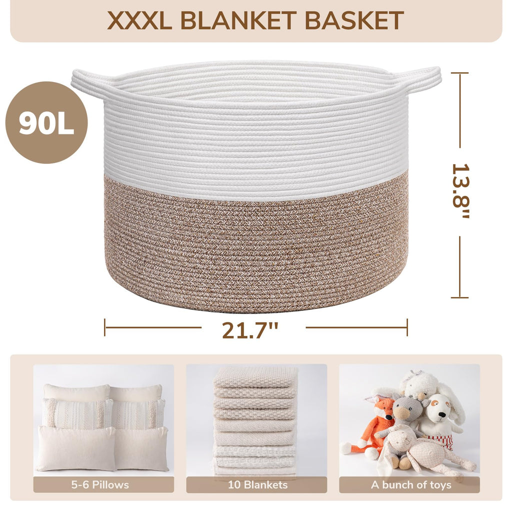 INDRESSME XXXLarge Cotton Rope Basket 21.7" x 21.7" x 13.8" Woven Baby Laundry Basket for Blankets Toys Storage Basket with Handle Comforter Cushions Storage Bins Thread Laundry Hamper