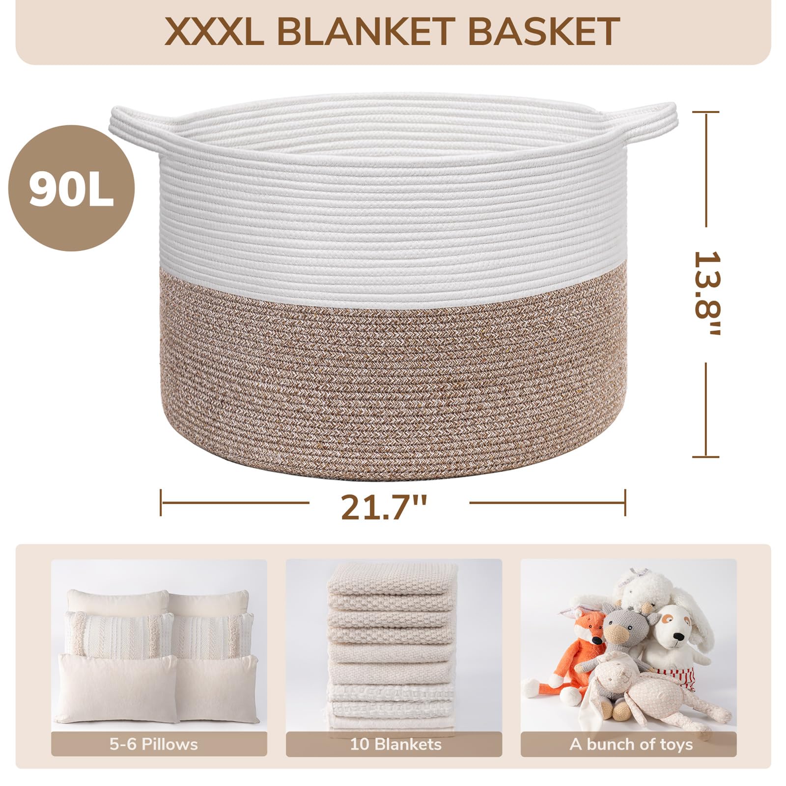 INDRESSME XXXLarge Cotton Rope Basket 21.7" x 21.7" x 13.8" Woven Baby Laundry Basket for Blankets Toys Storage Basket with Handle Comforter Cushions Storage Bins Thread Laundry Hamper