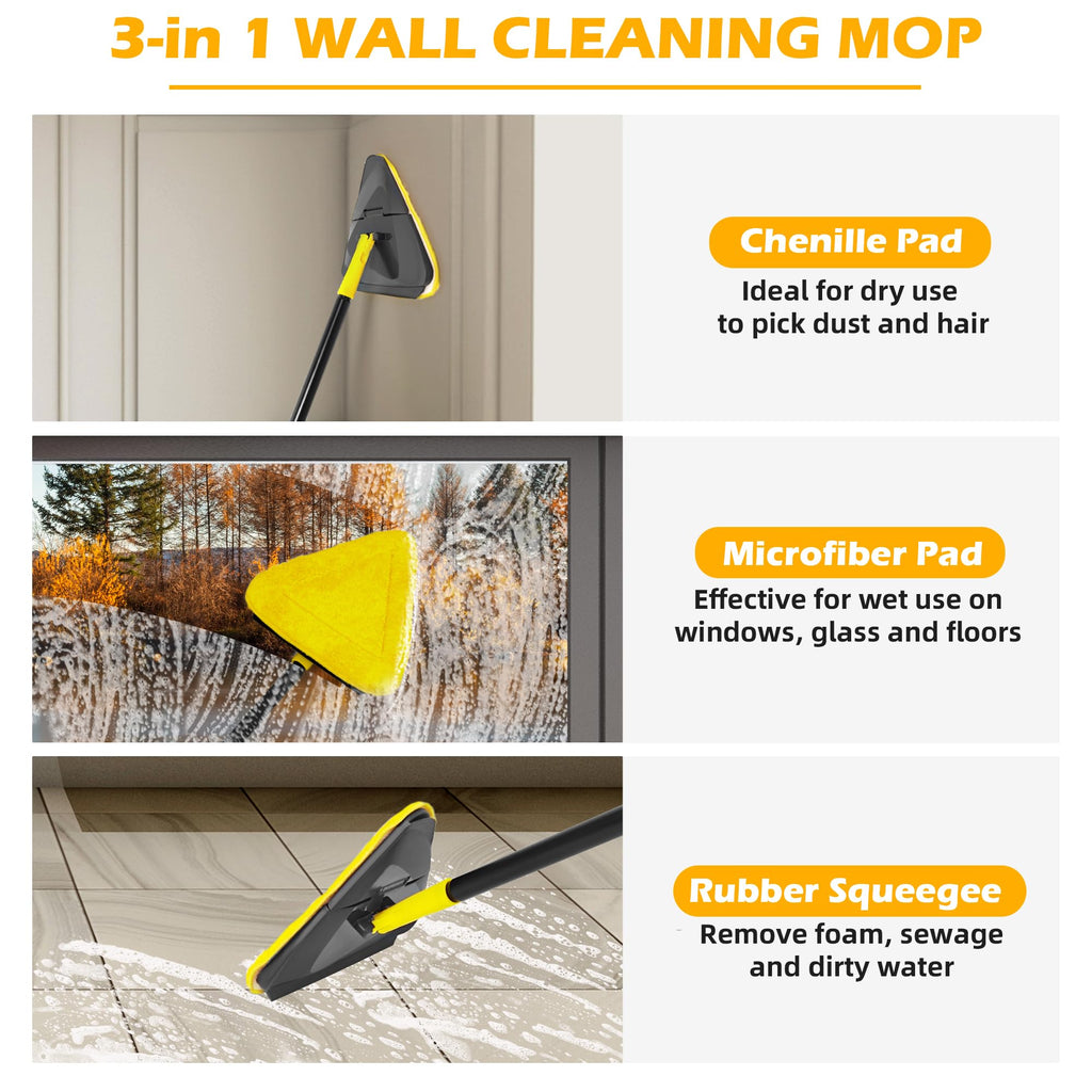 Newly Upgraded Wall Cleaner Mop with Long Handle 82 Inches, 3-in-1 Ceiling Cleaning Tool Duster with 6 Replacement Microfiber Chenille Pads for Painted Walls, Window, Floor, Baseboard