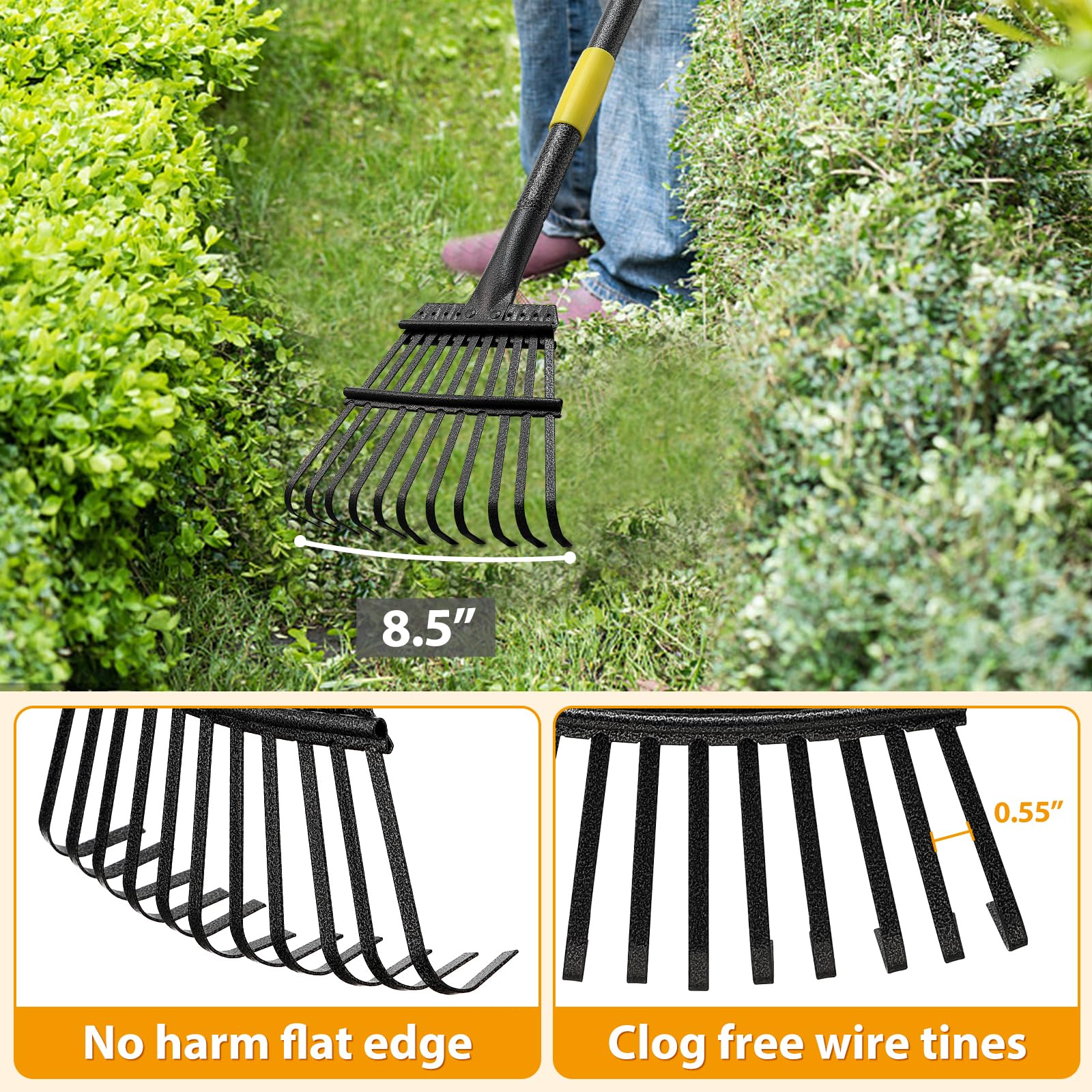 Rake for Leaves, Leaf Garden Rake, Yard Rakes for Lawns Heavy Duty, Metal Tools with 9" Small Narrow Rake Head, 37”-79” Adjustable Long Handle, 11 Steel Tines, Quick Clean up Rake for Shrub, Camping