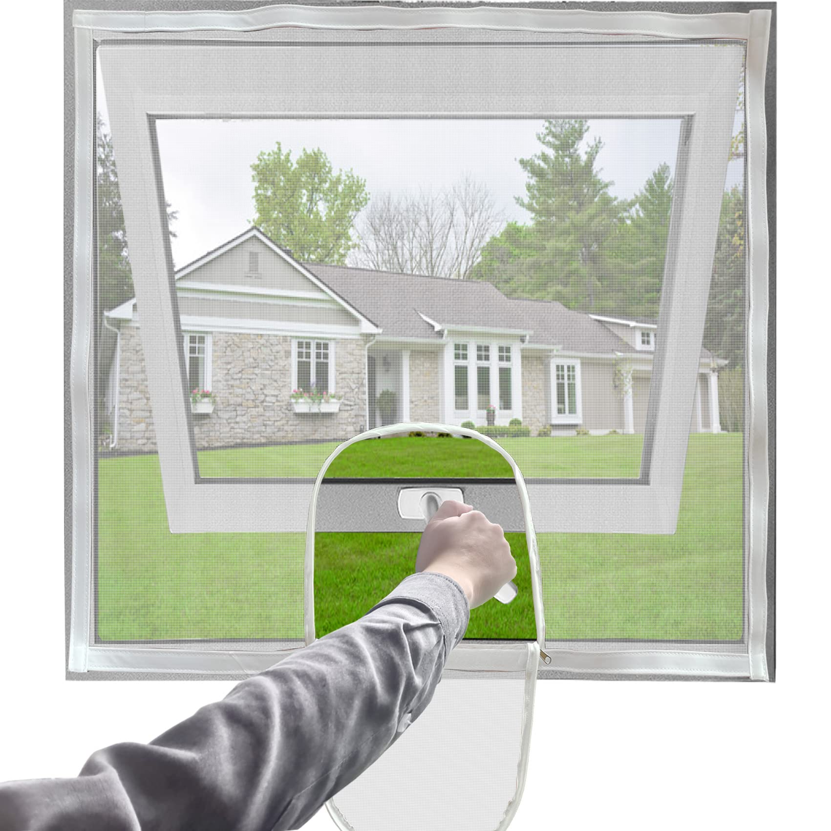 Mellroom Adjustable Window Screen, White 47" X 47" (120cm X 120cm) with Zipper Opening, Easy to Open Your Window,Replacement,