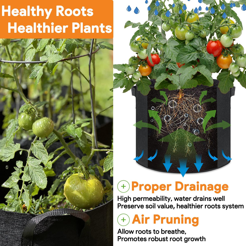 Grow Bags 5 Gallon 5 Pack Fabric Pots 300g Heavy Duty Thickened Nonwoven Plant Grow Bags with Handles for Vegetable Tomato Potato Fruits Flowers Garden Pots for Plants Indoor Outdoor(12" Dia x 10" H)