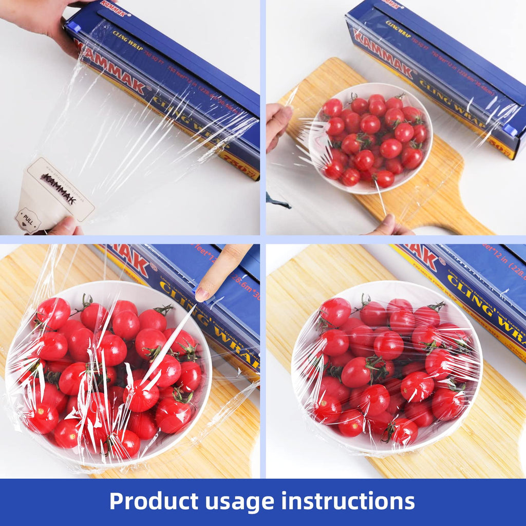 KAMMAK Cling Wrap Plastic Wrap Dispenser for Food with Slide Cutter (12 in*750 SQ FT)