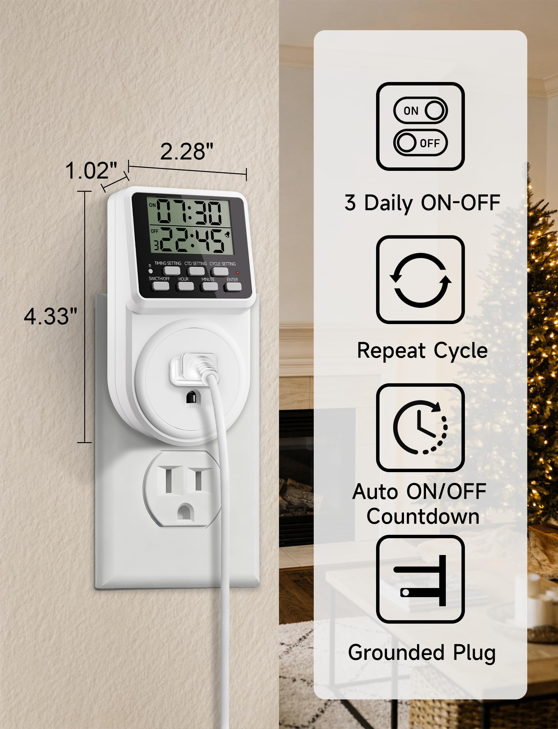 Techbee Digital Programmable Outlet Timer Plug Indoor Short Period Repeat Cycle Timer Switch with 24 Hour Countdown Delay ON/Off for Electrical Power (120V, 15A)
