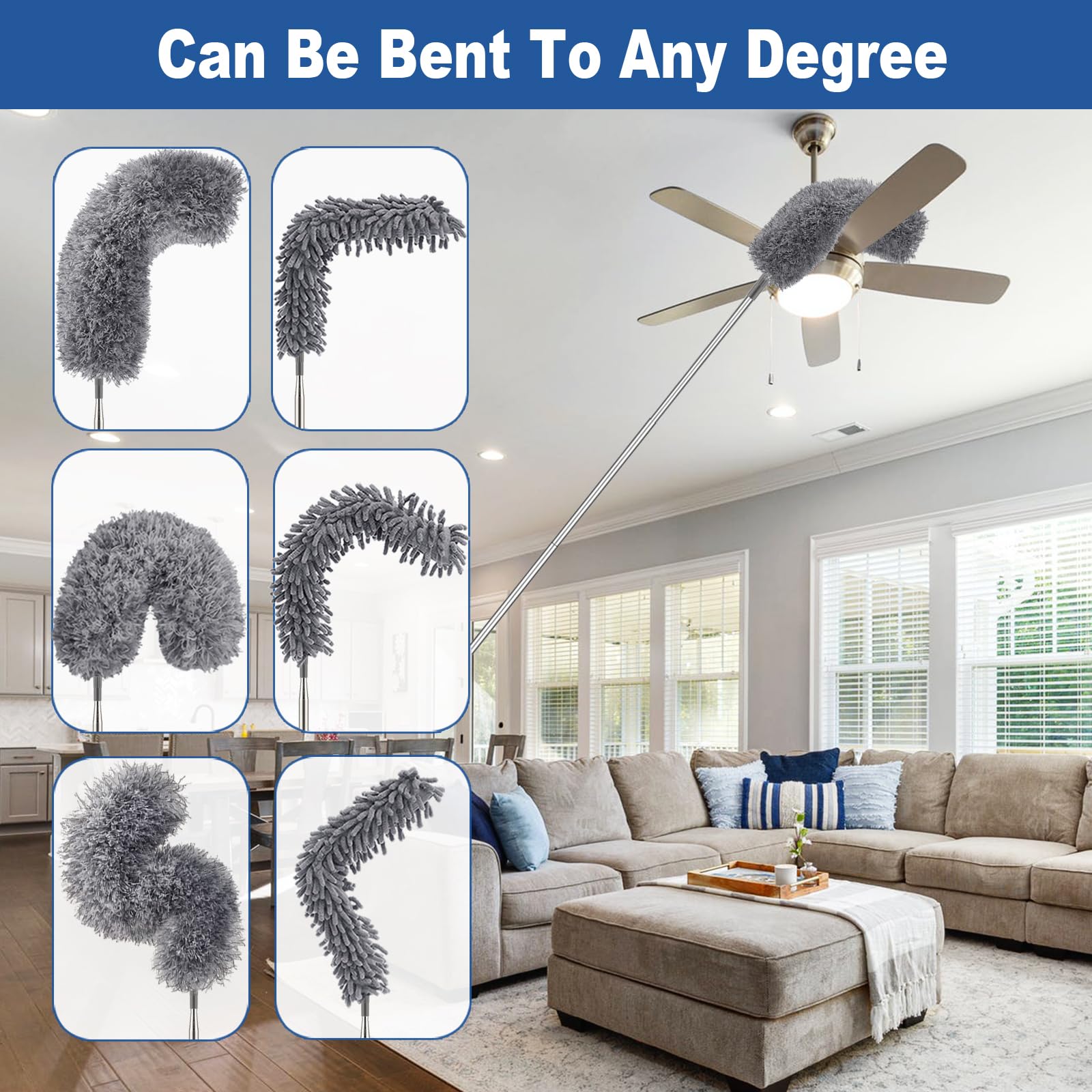 FUUNSOO Microfiber Feather Duster, Duster with Extension Pole 30-100 Inches,Ceiling Fan Cleaner Duster Retractable Gap Dust Brush Cleaner for Cleaning Cobweb,High Ceiling,Blinds (Dark Gray)