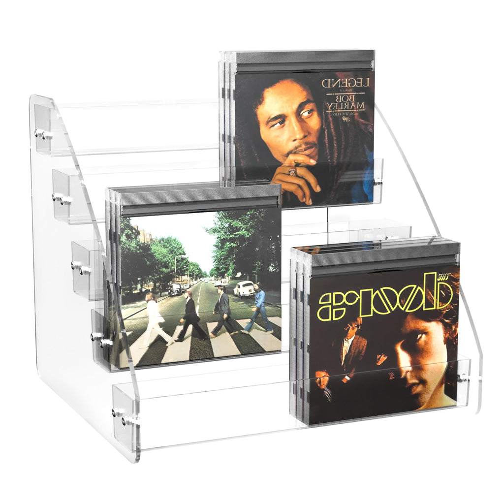 YFEEN CD Holder 5 Tier Clear Acrylic CD Organizers, CD Display Rack Holds up to 30 Standard DVD Cases for Media Shelf Storage and Organization