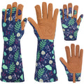 Jspupifip 2 Pairs Gardening Gloves for Women Short Long Leather Breathable Thorn Proof Protection Glove for Pruning Garden Work