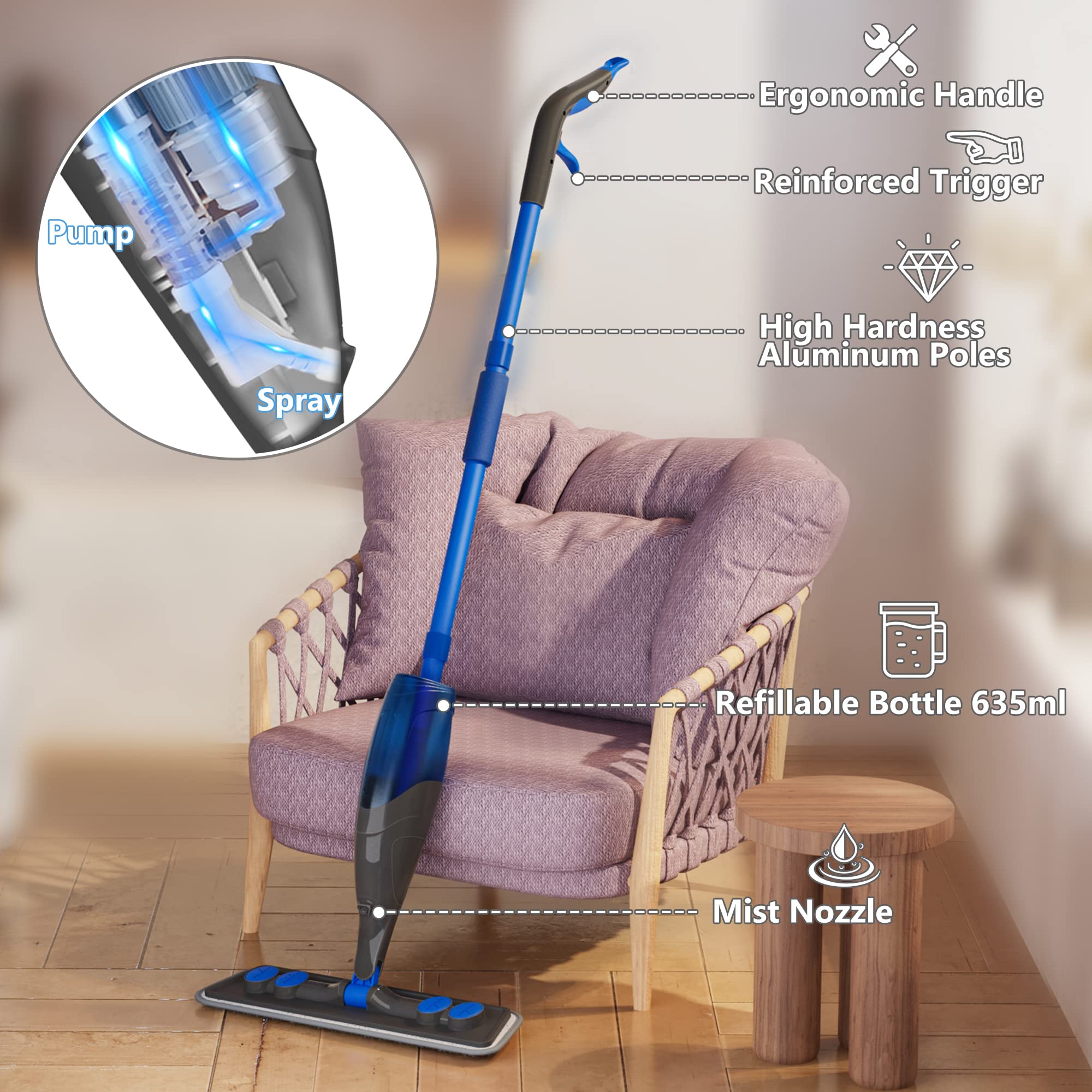 Spray Mops for Cleaning Floors: Papclean Floor Mop for Wet Dry Household - 4 Microfiber Pads 635ML Refillable Bottle for Hardwood Laminate Vinyl Apartment Kitchen Bathroom Cleaning