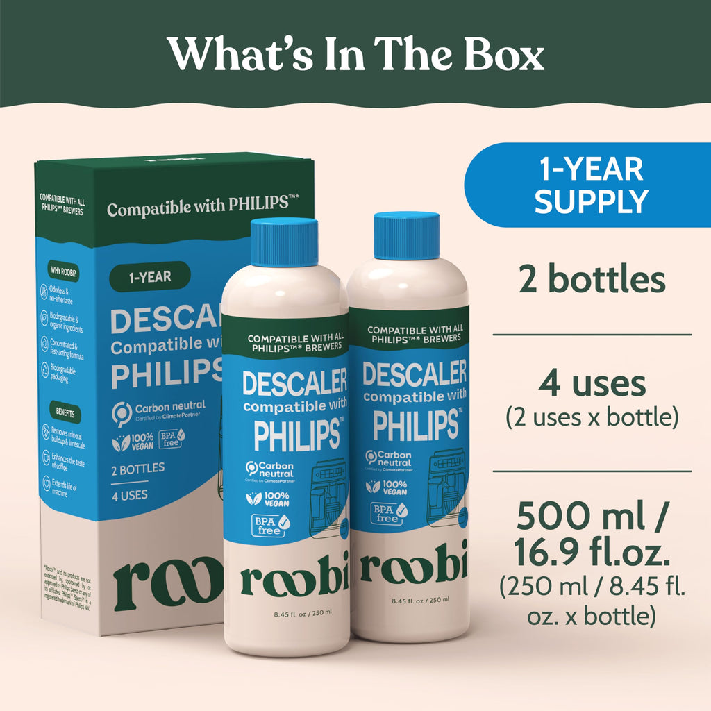Roobi Philips Compatible Descaling Solution & Cleaner. Specially Formulated for Descaling & Cleaning Philips Coffee Machines. Carbon Neutral Philips Descaler Kit. 2 Uses per Bottle, 2 Pack