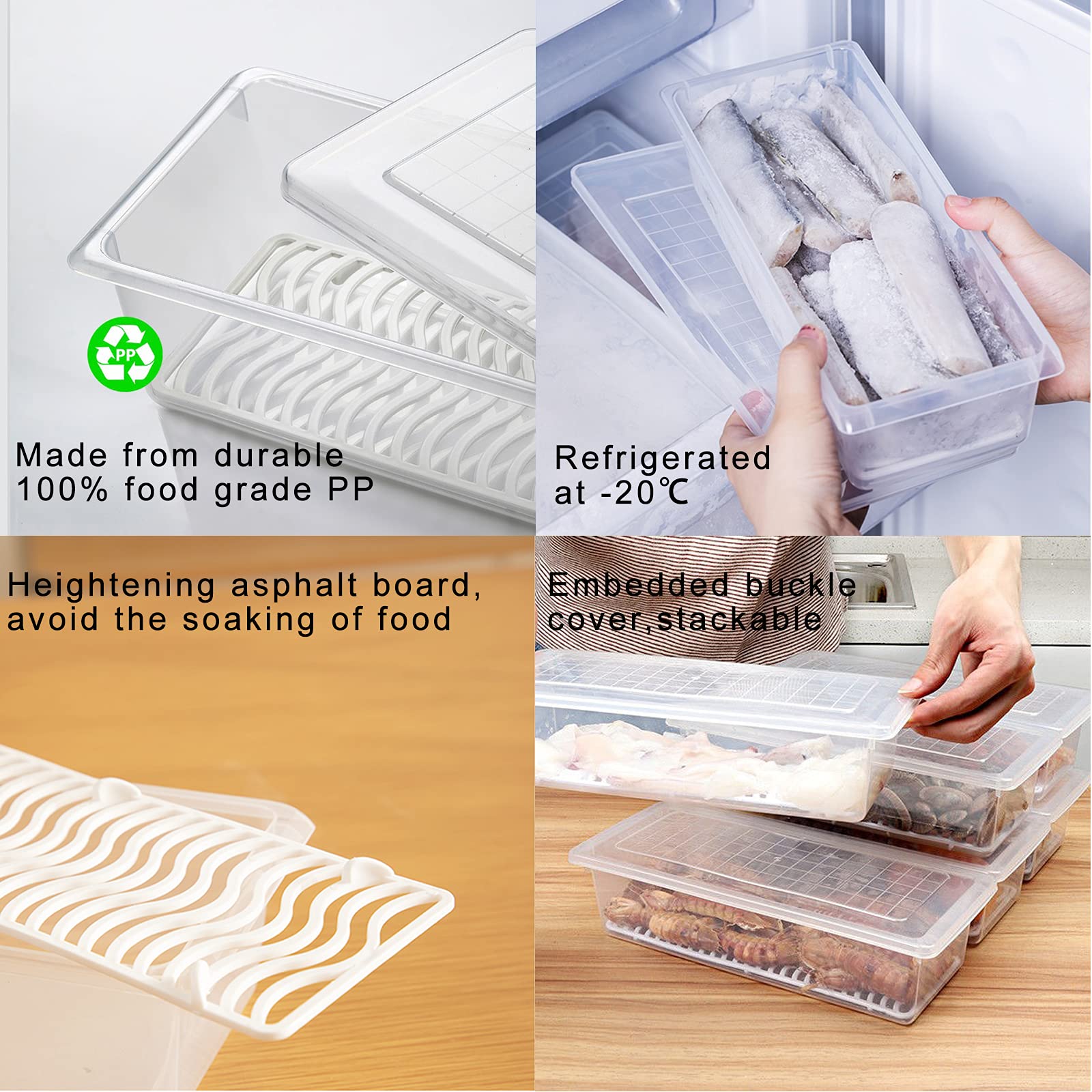 SOUJOY 6 Pack Produce Saver Container, 1.5L Food Storage Containers for Fridge with Lid, Stackable Fruits Storage Keeper with Removable Drain Plate for Vegetables, Meat, Fish Fresh and Dry