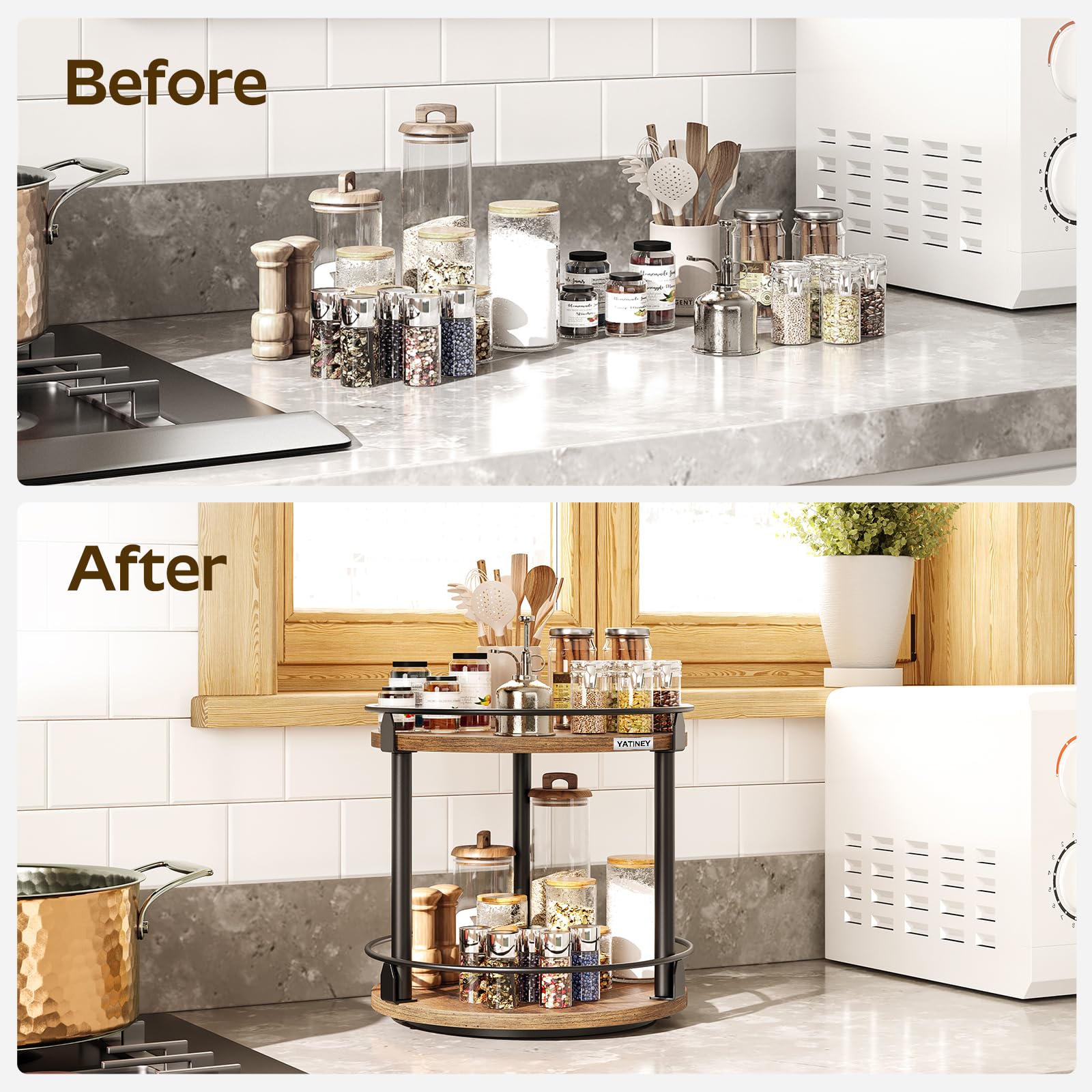 YATINEY Spice Rack, Rotating Spice Organizer for Cupboard, 2 Tier Lazy Susan Turntable, Industrial Countertop Organizer, for Kitchen and Cabinet, Compact and Versatile, Rustic Brown and Black SR22BR