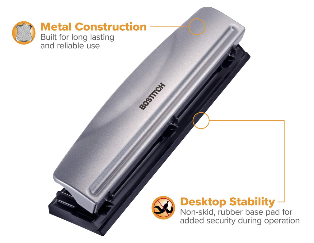 Bostitch Office 3 Hole Punch, 12 Sheet Capacity, Metal, Silver, 2-Pack