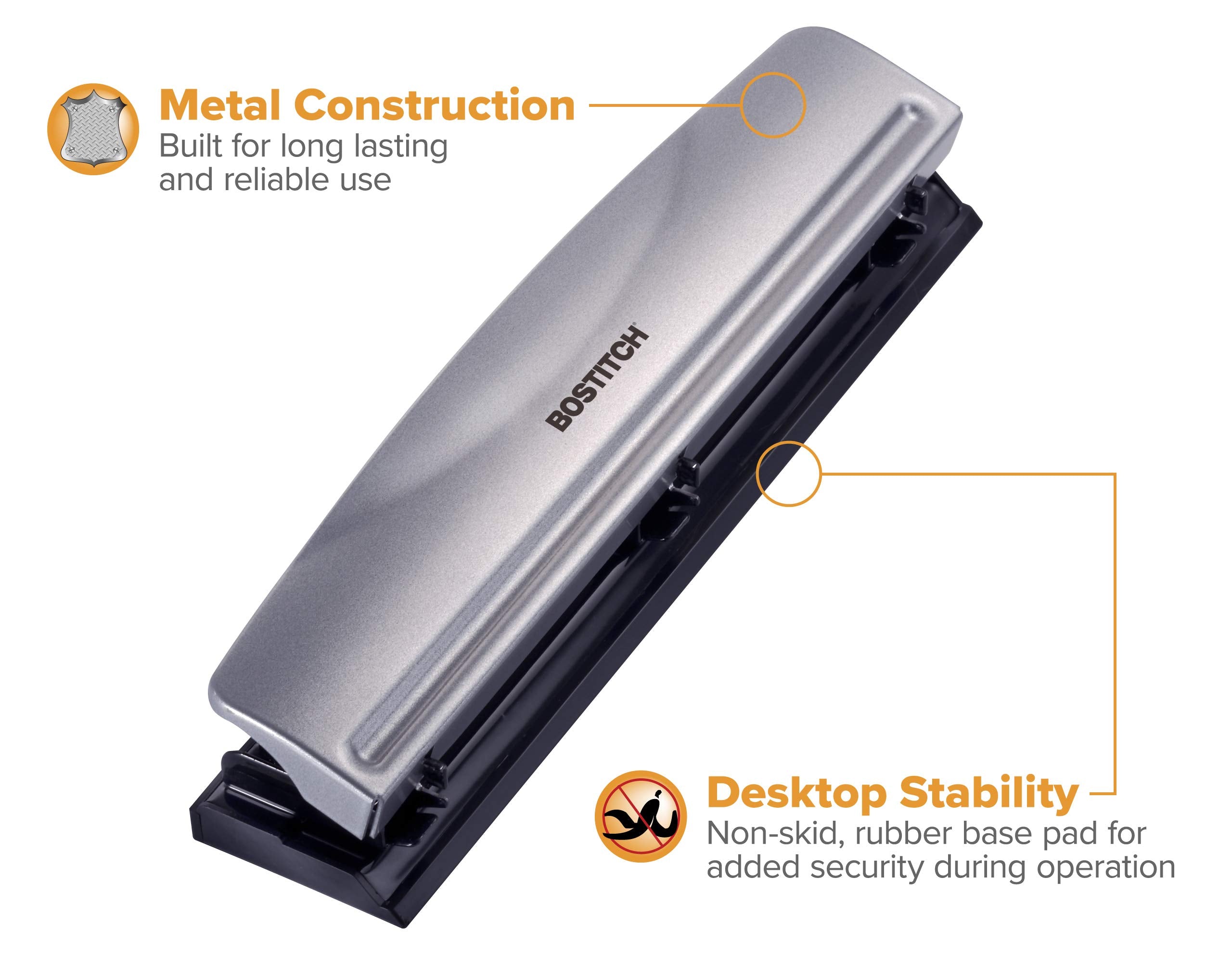 Bostitch Office 3 Hole Punch, 12 Sheet Capacity, Metal, Silver, 2-Pack