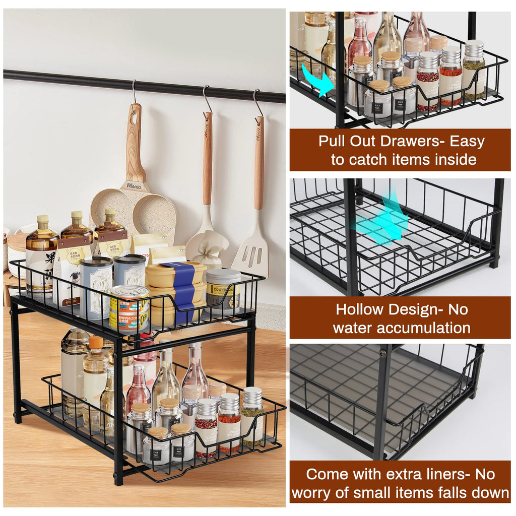 Under Sink Organizer 2 Tier Pull Out Under Sink Organizers, Rustproof Under Cabinet Organizer, Multipurpose Sliding Drawer Pull Out Shelf Organizer for Kitchen Bathroom Cabinet