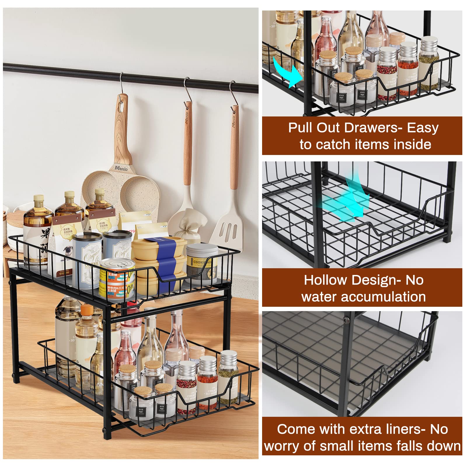 Under Sink Organizer 2 Tier Pull Out Under Sink Organizers, Rustproof Under Cabinet Organizer, Multipurpose Sliding Drawer Pull Out Shelf Organizer for Kitchen Bathroom Cabinet
